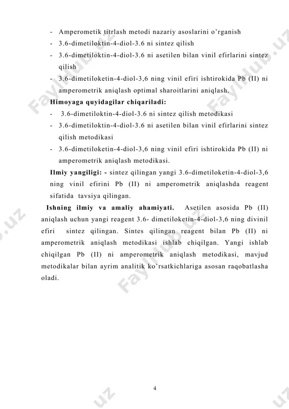 kasi, mavjud metodikalar bilan ayrim analitik ko’rsatkichlariga asosan raqobatlasha oladi. i bob adabiyotlar sharhi. 1.1 asetilen spirtlari sintezi. asetilen kimyosi, jumladan asetilen spirtlarini olish va xossalarini o’rganish keyingi yillardea dunyo miqyosida sezilarli darajada rivojlanmoqda. chunki asetilenni metan piro’lizi asosida ishlab chiqarish ortib bormoqda va kalsiy karbit usuli siqib chiqarilmoqda. [1-3]. asetilen spiriti sintezining bir qancha usullari bo’lib ulardan keng tarqalgani favorskiy usulidir. bunda ishqoriy sharoitda asetilen va karbanil guruhli moddalar ta’sirlashuvi efir eritmasida olib boriladi. favorskiy usuli bo’yicha asetilen spirti olish kaliy asetilenid xosil bo’lishi bilan amalga oshadi. ch ch +koh(hc ck+h2o hc ck+rcor1( hc cc(ok)rr1 hc cc(ok)r1+ h2o(hc cc(ok)rr1+koh bu yerda quyidagicha qo’shimcha reaksiya ketishi mumkin. hc ch +2koh(rc ck+2h2o kc ck+2 rcor1(rr1c(ok)c cc(ok)rr1 rr1c(ok)c cc(ok)rr1+h2o(rr1c(oh)c cc(oh)-rr1+koh bu metod bo’yicha aldegidlardan, ikkilamchi ketonlardan uchlamchi spirtlar xosil boladi. asetilen bilan karbanil birikmalarning kondensatsiyasida ham kam miqdorda to’yinmagan aldegitlar xosil bo’ladi. misol uchun [1] ishda sirka aldegidi bilan asetilenning tributilefir ishtirokidagi …