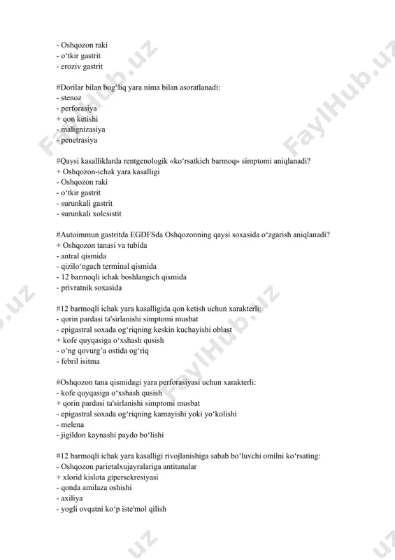 ok kt #surunkali virusli infeksiyani aniqlashda «oltin standart»: - sitoliz bioximik markerlarini aniqlash - qonda gipergammaglobulinemiyani aniqlash + viruslarning toʻqima va zardob markerlarini aniqlash - xolestaz bioximik markerlarini aniqlash - qonni mikrobiologik tekshirish #virusli gepatitlarning etiotrop davosi: - vankomisin - siklofosfamid + α-interferon - penisillamin - meropenem #surunkali autoimmun gepatitning belgisi: - pubertat yoshdagi oʻgil bolalarda koʻp uchraydi - bilirubinemiyaning darajasi yuqori - antinuklear antitanalartitri 1:40 dan kam + koʻpincha visseritlar, serozitlar bilan birgalikda keladi - koʻpincha virusli gepatit v bilan birgalikda keladi #surunkali dori bilan bog‘liq gepatitning belgisi: + preparatning toʻgridan-toʻgri gepatotoksik ta'siri bilan bog‘liq - autoimmun yalliglanish bilan bog‘liq - koʻpincha virusli gepatit v bilan birgalikda keladi - organizm toʻqimalarining dori bilan toʻgridan-toʻgri zararlanishi bilan bog‘liq - erkaklarda koʻp uchraydi #surunkali dori bilan bog‘liq gepatitni davolash tamoyillariga kiradi: + etiologik omilni bartaraf qilish - alfa-interferon - fizioterapevtik davo - v guruh vitaminlari - balneoterapiya #helicobacter pilori ga ta'sir …