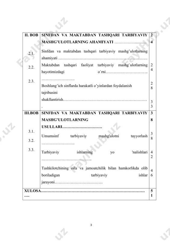 daniy dam olishlarini uyushtirish bilan bog`liq bo`lgan mashg`ulotlar kiradi. sinfdan va maktabdan tashqi ishlar har tomonlama kamol topgan inson tarbiyasining maqsad va vazifalariga muvofiq ravishda hamda o`quvchilarning tashabbuskorligiga tayanish asosida tashkil qilinadi va olib boriladi. bundan tashqari o`quvchilarning yoshi, ularning qiziqish-havaslari ishning u yoki bu turiga tayyorgarlik darajalari hisobga olinadi. buni ayniqsa ishning mazmuni va usulini belgilashda hisobga olish muhim ahamiyatga ega. sinfdan va maktabdan tashqi ishlar o`quvchilarning kuchiga yarasha va ular uchun qiziqarli bo`lishi kerak. sinfdan va maktabdan tashqi ishlar o`quvchilar tashkilotlari hamda otaonalarjamoasiyordamiga suyangan holda olib boriladi. respublikamizda bugungi kunda jami 7104 ta maktabgacha ta’lim muassasasi faoliyat yuritadi. ulardan 5604 tasi (79%) – davlat, 63 tasi idoraviyva 1437 tasi (21 %) – nodavlat muassasalardir. 3-7 yoshdagi bolalarning umumiy sonidan (2,5 mln) 932 310 nafari (37,7 %), shundan shaharlarda 500 236 nafari (20,2 %) va qishloq joylarida 432 074 nafari (17,4 %) maktabgacha ta’lim bilan qamrab olingan. umuman, mamlakat …