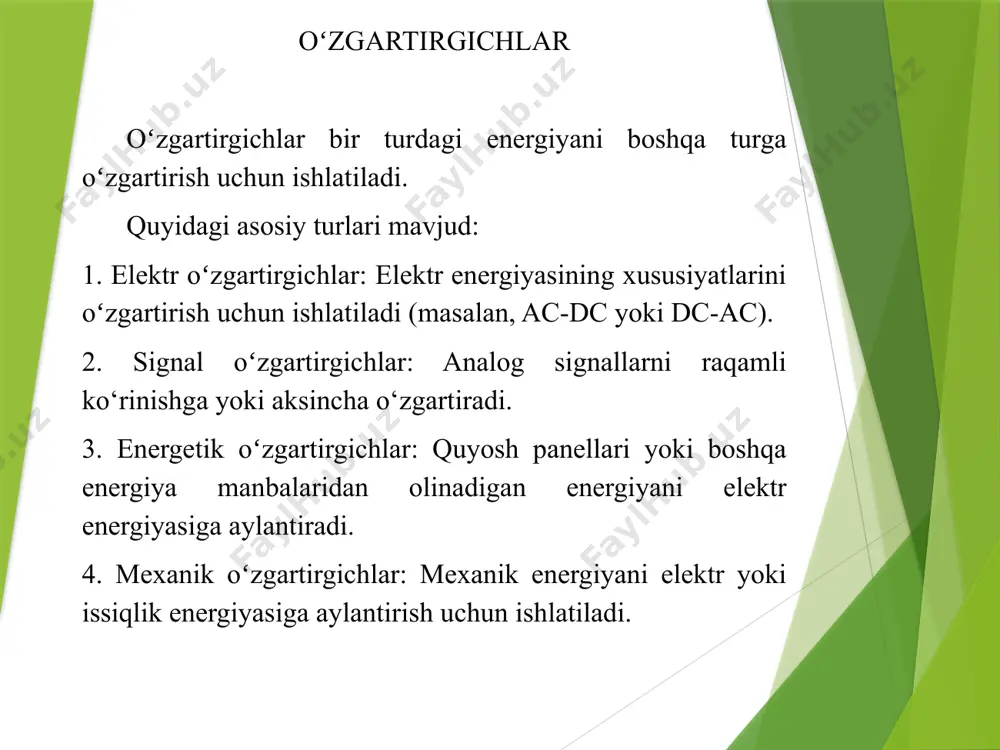 matsiya**: agar kiruvchi ac kuchlanishi kerakli darajadan yuqori yoki past bo‘lsa, u transformator yordamida moslashtiriladi. transformator kuchlanishni oshiradi yoki pasaytiradi. 2. **to‘g‘rilash**: to‘g‘rilash jarayoni uchun diodlar ishlatiladi. diodlar o‘zgaruvchan tokning faqat bir yo‘nalishida o‘tishiga imkon beradi. natijada, pulsatsiyali dc olinadi. 3. **filtrlash**: pulsatsiyali dcni silliqlash uchun kondensatorlar va boshqa filtr elementlari qo‘llaniladi. bu bosqichda chiqish kuchlanishi yanada barqaror bo‘ladi. 4. **regulyatsiya**: chiqish kuchlanishi yoki toki talab qilingan barqarorlikka yetkaziladi. buning uchun stabilizatorlar ishlatiladi. ac/dc o‘zgartirgichlarning turlari 1. **yarim to‘lqinli o‘zgartirgichlar**: ushbu turdagi o‘zgartirgichlar o‘zgaruvchan tokning faqat bir yarim davrini ishlatadi. ular oddiy tuzilishga ega, lekin samaradorligi past. 2. **to‘liq to‘lqinli o‘zgartirgichlar**: bu o‘zgartirgichlar o‘zgaruvchan tokning ikkala yarim davrini ham dcga aylantiradi. ular ko‘proq diodlar yoki ko‘prik sxemasi yordamida amalga oshiriladi. 3. **ko‘prikli o‘zgartirgichlar (bridge rectifiers)**: to‘liq to‘lqinli o‘zgartirgichlarning keng tarqalgan turi bo‘lib, ular yuqori samaradorlikka ega va ko‘plab amaliyotlarda qo‘llaniladi. qo‘llanilishi ac/dc o‘zgartirgichlar quyidagi sohalarda keng qo‘llaniladi: 1. elektron qurilmalar …
