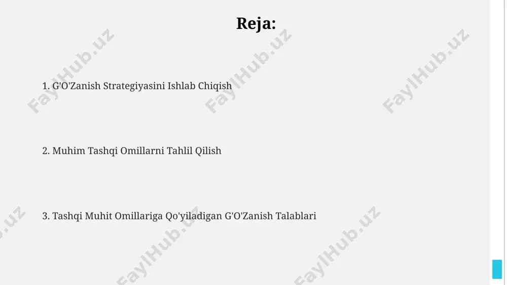hosildorlik keskin pasayadi. go'zaning optimal o'sis harorati 20-25°c oralig'ida bo'lib, 30°c dan yuqori haroratlarda uning rivojlanishi sekinlashadi va 40°c da to'xtaydi. go'zaning suv talabi yuqori bo'lib, optimal namlik darajasi 70-80% oralig'ida hisoblanadi, past namlik sharoitida vegetativ o'sish susayadi. suv resurslari va go'zaning ehtiyojlari go'zaning samarali faoliyati uchun kamida 30% suv resurslari toza va ifloslanmagan bo'lishi kerak, aks holda uning ishlashi 15% ga pasayadi. go'zaning ta'sirchanligi uchun quyosh nuri miqdori muhim; kuniga kamida 6 soat to'g'ridan-to'g'ri quyosh nuri go'zaning normal faoliyatini ta'minlash uchun yetarli hisoblanadi. go'zaning optimal ishlashi uchun yillik o'rtacha havo harorati 18-25°c oralig'ida bo'lishi va namlik darajasi 60-70% atrofida saqlanishi zarur. go'zaning zararkunandalar va kasalliklarga chidamliligi go'zaning asosiy kasalliklarga, jumladan, 3 ta qo'ziqorin kasalliklari va 2 ta virusli kasalliklarga chidamliligini baholashda, kasallik darajasi 5% dan kam bo'lishi shart. go'zaning 10 dan ortiq zararkunanda turiga nisbatan genetik chidamlilik darajasi 70% dan yuqori bo'lishi kerak, bu esa hosildorlikni 15-20% ga oshirish …