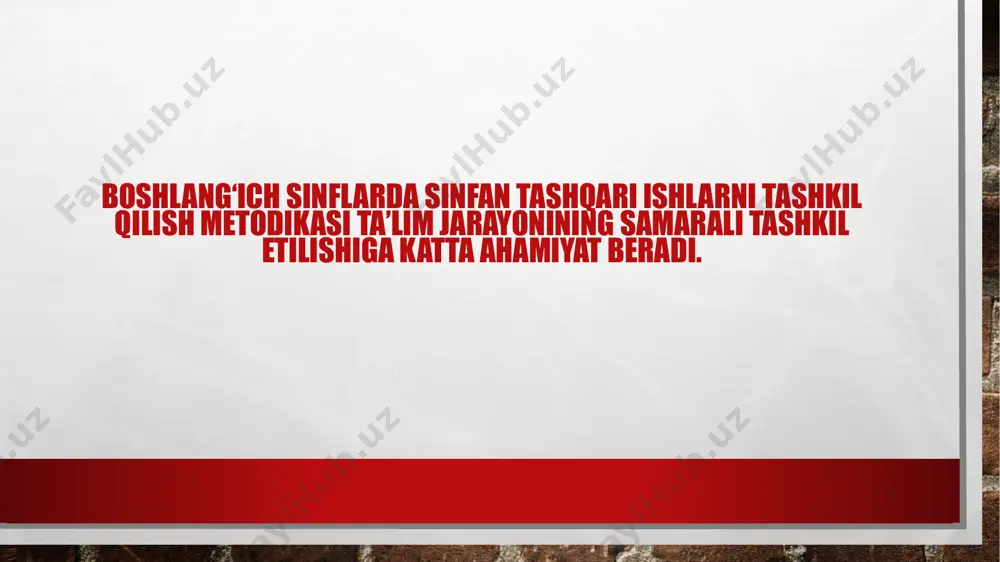 niy muammolariga qaratilgan bo‘lishi mumkin. tadbirlarni rejalashtirish va tashkil etish: o‘quvchilarga tadbirlar, festivallar, ilmiy anjumanlar yoki sinfda ochiq darslar tashkil etishda ishtirok etish imkoniyatlarini yaratish, o‘quvchilarni ijodkorlikka undaydi va ularning o‘zini ifodalashiga yordam beradi. «sinfdan va maktabdan tashqari tarbiyaviy ishlar» konsepsiyasi xalq ta’limi vazirligi tomonidan 1993-yilda tasdiqlangan. sinfdan tashqari ishlarni tashkil etishda o’qituvchining yo’naltiruvchi ta’siri ostidagi o’quvchilarning o’zo’zini nazorat qilish asosiga qurilgan va fan xonalarida, kutubxonada va uyda yakka tartibdagi reja asosida o’tkaziladigan mustaqil mashg’ulotlar yetakchi shaklga aylanishi kerak. boshlangich sinflarda sinfdan tashqari ishlar o’quvchilarning qiziqishi, istaklari, xohish va ehtiyojlariga suyangan holda ularning darsdan bosh vaqtlarida o’quv-tarbiya jarayonini to’ldiradi. u o’quvchilarning ijodiy qobiliyatlarini, tashabbuskorligani oshirishga imkoniyat yaratadi. sinfdan tashqari ishlarning oziga xosligi shundaki, togarak, klub dasturlarining rang-barangligi, ular mazmunidagi yangiliklar osmir yigit-qizlarning shaxs sifatida shakllanishlari uchun yangi imkoniyatlar yaratadi. sinfdan tashqari ishlar maktab ta’lim-tarbiya jarayonining tarkibiy qismi o’quvchilarning bosh vaqtlarini yo’lga qo’yish formalaridan biridir. sinfdan va maktabdan tashqari ishlar shaxsni …