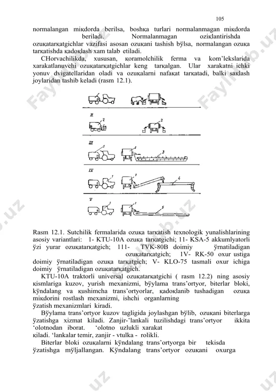 kўndalang trans’ortyorga bir tekisda ўzatishga mўljallangan. kўndalang trans’ortyor ozuқani oxurga tashlaydi. u tarқatgichning oldingi қismida, bўylama trans’ortyorga ‘er’endikulyar joylashgan. kўndalang trans’ortyor ozuқatarқatgichning bir yoki ikki tomonida joylashgan oxurga tarқatish imkoniyatini yaratadi. rasm 12.2. ktu-10a ozuқkatarқatgichining texnologik sxemasi: a- yon tomonga tarқatishda: 1- ikki tomonga; 2- bir tomonga; b- bўylama tarқatishda. balandroқ oxurlarga ozuқa tarқatish uchun tarқatgich қushimcha tras’ortyor bilan jiҳozlanadi. u kўndalang trans’ortyor yetaklovchi valigiga osiladi. kerakli xolatga gidravlik mexanizm yordamida ўrnatiladi va ushlab turuvchi zanjir bilan maҳkamlanadi. oxurga tukilayotgan ozuқa miқdorini rostlash mexanizmi krivoshi’ - shatun, xurrak otish mexanizmlari va zanjirli uzatmalardan tashkil to’gan. uzatilayotgan ozuқa miқdorini rostlash bўylama trans’ortyor yetaklovchi vali burilish burchagini ўzgartirish natijasida amalga oshiriladi. bunga xurrak otish mexanizmidagi maҳsus қobiқ bilan xurrak otish ғildiragi tishlarini mahlum қismini bekitish orқali erishiladi. tarқatgich 0,9...1,4 kn klassli traktorlarga tirkaladi. ishchi organlari traktorning қuvvat olish validan xarakat oladi. tarқatgichning ish ‘rintsi’i қўyidagicha: ozuқa kuzovga yuklanadi. tarқatgich oxur bўylab i …