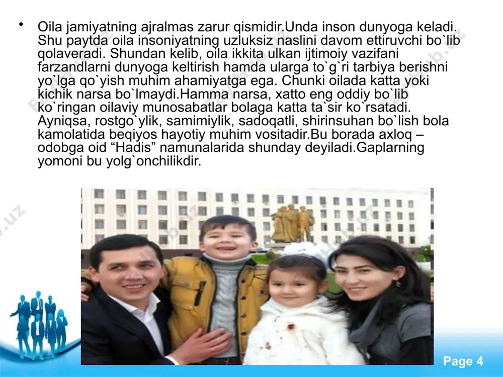 ekan oilaning katta yoshdagi a`zolarining bolaga qo`yadigan talablarni hamda ularga tarbiyaviy ta`sir ko`rsatishlarda so`z bilan ishning bir bo`lishi muhum ro`l o`ynaydi.oilada bunday birlikni bo`lmasligi bola hulq-atvoriga salbiy ta`sir ko`rsatishi muhum. bola tarbiyasi maktab, oila jamoatchilik va mehnat jamoalarning hamkorligida olib borilsa, tarbiyada ko`zlangan maqsadga erishish mumkin. shu bois keyingi paytlarda mahalla-kuylarda, turar joylarda olib borilayotgan tarbiyaviy ishlarning ko`lami ancha kengaydi. free powerpoint templates page . yaqinda jumhuryatimizda madrasalar qoshida yoshlarni adolatli, iymonli, ihlosmand, axloqli qilib tarbiyalash maqsadida o`qishlar tashkil etildi. o`qish dasturi aynan yoshlarni “qur`on karim” va “hadis sharif “ rivoyatlari bayoni asosida tarbiyalashni ko`zlaydi. ota-ona farzandiga qancha qilsa ham oz, lekin farzand ham ota-onani hurmat qilishi lozim. bu haqda qadimgi hikoytlarda quyidagicha yoziladi. free powerpoint templates page ey farzand! aql yuzasidan bilginki ota-onaning izzat va hurmatini bo`yinga olish lozimdir. chunki farzandning asli ota-onadir. nima uchun ota-onani hurmat qilaman deb ko`ngilga keltirma. bilginkim ular sening uchun o`limga ham tayyordirlar. agar …
