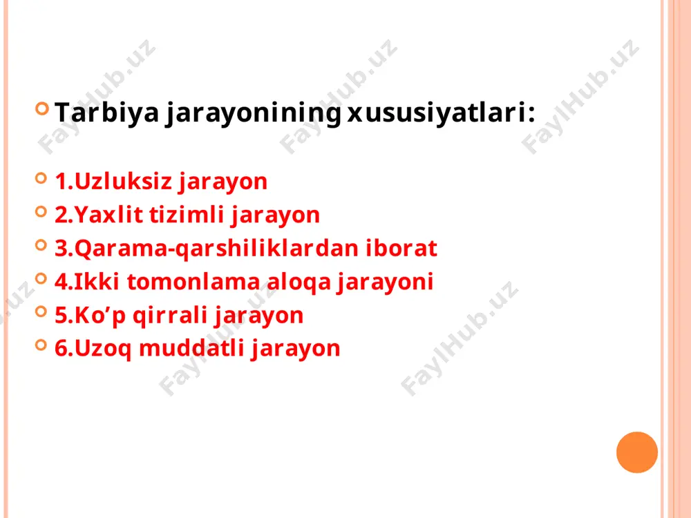 ning muayyan davrlarida shaxsning ayrim organlari va butun bir organlar sistemasining to’zilishida va funktsiyalarida o’zgarishlar yuz beradi. shaxsning sog’lik holati va bu holat ko’p yoki oz muddat buzilib turishi biologik omilga taalluqli. organizmning biologik yetilishi qonunlarga asoslanadi. bu qonun muhitning ba’zi bir tarbiyaviy ta’sirlariga turli darajada bo’yso’ngan holda amal qilishi kerak. lekin shaxs organizmining biologik hayoti uning psixik rivojlanishini bevosita belgilab bermaydi va shu bilan birga, unga nisbatan mutlaqo betaraf va befarq hodisa bo’lib ham qolmaydi. biologiyaning asosiy tushunchasi bo’lgan irsiyatning roli olimlar tomonidan jiddiy muhokama qilinib kelinmoqda. ilmiy izlanishlar shuni ko’rsatmoqdaki, ota-ona organizmining uzoq muddat bir xil sharoitda yashash natijasida mustahkam o’rnashib qolgan xossalari irsiyat yo’li bilan o’tadi. muhit. biologiya fani muhitni organizm yashaydigan joy deb, muhitning ta’siri esa organizm bilan bog’liq muhit o’rtasidagi assimiliyatsiya va dissimiliyatsiya yoki moddalar almashish qonuni asosida amalga oshadi, deb tushuntiradi. bu qonunga binoan organizm yashab turgan muhit bir butun narsadir. tabiiy muhit yorug’lik, …