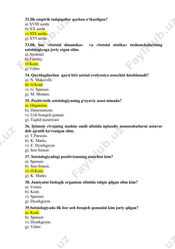 rning o‘sish va rivojlanishini v) ijtimoiy elementlarning muvozanatini, mavjudlik qonunlarini g) statistik materiallarni 51. sotsial dinamika nimani o‘rganadi? a) jamiyatning o‘sish, o‘zgarish va rivojlanish qonunlarini b) jamiyat faoliyatining qonunlarini v) sotsial qonunlarning o‘zaro aloqasini g) sotsial voqeylikning ustuvor yo‘nalishlarini 52. struktura tushunchasining mazmuni bu ... a). asosiy elementlarning aloqasi va tartibli joylashuvi b). hodisa va predmetlarning mohiyati v). guruhlarning o‘zaro munosabati g). kategoriya va tushunchalarning ishlab chiqilganligi 53.qanday stratifikatsion tizim ochiq hisoblanadi? a) kastali b) qatlamli. v) sinfiylik g) totalitar 54. deviant (og‘ishma xulq-atvor) deganda nimani tushunasiz? a) tarkidunyochilik, zohidlik b) daholik v) tabarruk, ilohiylik g) qotillik 55.mentalitet tushunchasi nima? a.) individ yoki ijtimoiy guruhning millatning o‘ziga xos tafakkur tarzi. b). jamiyat a’zolarining ijtimoiy, siyosiy, iqtisodiy hodisalarga bilvosita munosabatlari. v). individ yoki ijtimoiy guruhning xulq-atvori g). shaxsning kasbiy xususiyati 56. begonalashuv nima? a) individ yoki ijtimoiy guruhning ijtimoiy hayotdan ajralib qolishi. b). jjamiyat a’zolarida ijtimoiylashuv jarayoning kuchliligi. v). jamiyat a’zolarining …