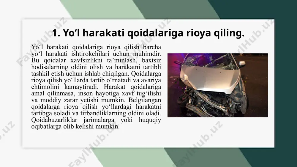 likni ta’minlash maqsadida joriy etilgan. qoidabuzarlik uchun jarima qo‘llanilishi, yo‘l harakatida tartibni saqlashga va qonunlarga hurmatni oshirishga yordam beradi. yo‘l harakati qoidalarini buzgan haydovchilar va boshqa ishtirokchilarga jarima belgilanishi mumkin. tezlikni oshirish, svetofor va yo‘l belgilari talablariga rioya qilmaslik, mast holda transport vositasini boshqarish, piyodalarga yo‘l bermaslik, parkovka qoidalarini buzish kabi harakatlar jarima bilan jazolanadi. qoidabuzarlikka jarima qo‘llanadi, bu esa yo‘l harakati qoidalariga rioya qilmaganlik uchun belgilangan jazo turidir. jarima, qoidabuzarliklarning oldini olish va yo‘l harakati xavfsizligini ta’minlashda muhim vositadir. har bir haydovchi va yo‘l ishtirokchisi qoidalarni buzmasligi kerak, aks holda ular jazo sifatida jarimaga tortilishi mumkin. harakatda tezlikni oshirish, svetofor va yo‘l belgilari talablariga amal qilmaslik, mast holda transport vositasini boshqarish, piyodalarga yo‘l bermaslik yoki parkovka qoidalarini buzish kabi xatolar jazo bilan jazolanadi. bunday jarimalar, harakatni tartibga solish va xavfsizlikni oshirishga xizmat qiladi. qoidabuzarlikka jarima qo‘llanadi, chunki yo‘l harakati qoidalariga rioya qilmaslik, nafaqat haydovchining, balki barcha yo‘l ishtirokchilarining xavfsizligini …