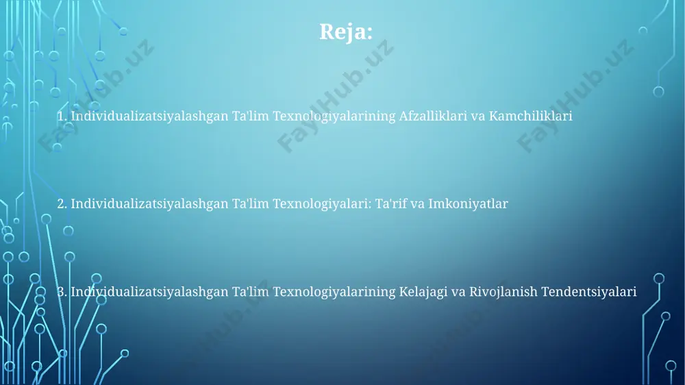 vchilar har bir o'quvchining kuchli va kuchsiz tomonlarini aniqlab, shaxsiylashtirilgan o'quv rejalari va 5 dan ortiq turdagi o'quv materiallarini taqdim etishlari mumkin. individualizatsiyalashgan o'qitish o'quvchilarning 70% gacha o'zlashtirish darajasini oshirishi va o'qishga bo'lgan qiziqishini 30% ga yaxshilashini ko'rsatadigan tadqiqotlar mavjud. individualizatsiyalashgan o'qitish texnologiyalari tushunchasi adaptive learning tizimlari orqali, 5 dan ortiq parametrlar (bilim darajasi, o'rganish sur'ati, qiziqishlar) asosida o'quv materiallari va topshiriqlarning murakkabligi dinamik ravishda o'zgarib turadi, bu esa samaradorlikni oshiradi. interaktiv o'yinlashtirish elementlari va ai-asoslangan shaxsiylashtirilgan tavsiyalar orqali, 70% dan ortiq talabalarning o'zlashtirish darajasi va motivatsiyasi sezilarli darajada yaxshilanadi. individualizatsiyalashgan o'qitish texnologiyalari, talabaning 3 ta asosiy o'rganish uslubi (vizual, auditoriy, kinestetik)ni hisobga olgan holda, o'quv jarayonini shaxsiylashtirishga qaratilgan dasturlar, platformalar va vositalarni o'z ichiga oladi. individualizatsiyalashgan o'qitishda baholovchi tizimlar individualizatsiyalashgan o'qitishda kompetensiya-asosli baholash tizimlari talabaning 3-5 ta asosiy kompetensiyasini aniqlash va ular bo'yicha progressiyani kuzatishga imkon beradi, bu esa o'quv jarayonini individualizatsiya qilishga yordam beradi. o'z-o'zini baholash uchun mo'ljallangan …