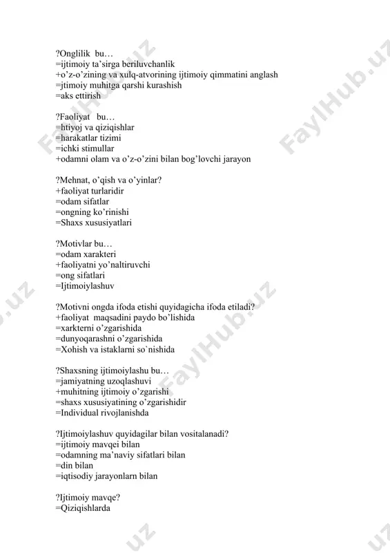 da mavjud bo’ladi =urf-odatlar bilan bog’liq bo’ladi =ijtimoiy-iqtisodiy jarayonlar bilan bog’liq bo’ladi =jinsiy farqlanish ?shaxslikning taraqqiyoti? =bir tekisda amalga oshadigan jaryon =bir bosqichli jarayon =tizimli jarayon +bosqichma-bosqich amalga oshadigan jarayon ?shaxs faolligini manbai? +anglangan motiv va munosabatlar =anglanmagan holda lazzatga intilish =ongning ishtirokisiz anglanilmagan motivlar =ehtiyojlarning o`sishi ?mustaqil fikr yuritish bu…. +ma’lum bo’lganni ichida noma’lumni topa bilish =yangilik topish =tajribalar asosida fikr yuritish =atrofidagilarga bog’liq bo’lmagan holda mulohaza qilish ?hayot davomida paydo bo’ladigan harakatlar bu… +ko’nikmalar =instinklar =tafakkur kurtaklari =xotira ?odamlarni bir-biri bilan muomala va aloqa qilishning usuli… =hisiyot =sezgi +nutq =tafakkur ?ongni bir nuqtada toplab muayyan bir obyektga qaratilishi… +diqqat =sezgi =хаёл =idrok ?odamga ta’sir qilayotgan va uning o’zi ta’sir qilayotgan narsalardan paydo bo’ladigan reaksiya? +hisiyot =affekt =simpatiya =empatiya ?ilgari biz idrok qilmagan tajribamizda uchratilmagan narsa va hodisalarning obrazlarini mavjud tasavvurimiz asosida miyada yaratilishi bu…. =sezgi =xayol =idrok +xotira ?ehtiyoj nima? +jonli mavjudodning hayot kechirishning konkret shart-sharoitlariga uning qaramligini …
