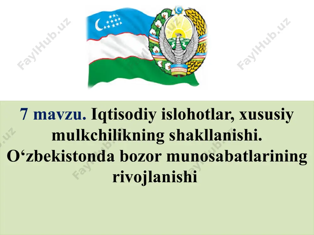 jlantirish to'g'risida" qonun (1995 yil yanvar) va boshqalar. jamiyatda siyosiy barqarorlikni saqlash va mustahkamlash jadal iqtisodiy rivojlanish ish o'rinlarini yaratish, bandlik muammosini hal qilish bozorni zarur tovarlar va xizmatlar bilan to'ldirish aholining moddiy farovonligini oshirish 11 kichik biznes va xususiy tadbirkorlikni rivojlantirish o’zbekiston tarixi 1 1991-1996 yillar 2 1996-2000 yillar 3 2000-2016 yillar 4 2016-2020 yillar iqtisodiyotdagi tarkibiy o‘zgarishlar. bozor infratuzilmasini shakllantirish 5 1 2 3 4 mustaqillik yillarida birinchi marta erishilgan mamlakatning ijtimoiy-iqtisodiy va siyosiy hayotidagi barqarorlik chet el kapitali uchun keng imkoniyatlar ochdi. 35 mamlakat, dunyoning o‘nlab yirik banklari bilan imzolangan savdo-iqtisodiy shartnomalar o‘zbekistonning rivojlangan davlatlar o‘rtasidagi savdo aloqalarini kengaytirishga va xorijiy investitsiyalardan samarali foydalanishga xizmat qilmoqda. o‘zlashtirilgan xorijiy investitsiyalar hajmi yil sayin ortib bormoqda. agar 1991-1998 yillarda. respublika iqtisodiyotining ustuvor tarmoqlariga 8 milliard aqsh dollaridan oshiq investitsiya kiritilgan bo‘lsa, 1999 yilda 1,324 million aqsh dollaridan ortiq miqdordagi xorijiy investitsiyalar o‘zlashtirildi. boshqacha qilib aytgan, barcha kapital qo‘yilmalarning qariyb …