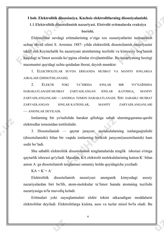 an vant-goff va raul qonunlarining matematik ifodasini elektrolitlarga qo'llashda tuzatma koeffisiyent (bu koeffisiyent vant-goffning izotonik koeffisiyenti deb ataladi) ni (i) kiritish kerak. u vaqtda vant-goff tenglamasi quyidagi ko'rinishga ega bo'ladi: rqcrti. raul qonunining tenglamasi t=kci shaklida yoziladi. izotonik koeffisiyent tajribada topilgan osmotik bosim, elektrolit eritmasining bug' bosimini, eritmaning muzlash temeraturasi kamayishining va eritma qaynash temperaturasining ko'tarilishi xuddi shu parametrlarning nazariy xisoblab topilgan qiymatlaridan necha marta kattaligini ko'rsatadi, ya'ni topilgan qiymatlar. shunday qilib, noelektrolit eritmalar uchun izotonik koeffisiyent birga teng, elektrolit eritmalari uchun hamma vaqt birdan katta. bu yerda p1, p1, t1muz, t1kay - tajribada topilgan, p, p, tmuz, tkay nazariy xisoblabshved olimi s.arrenius (1887 y) elektrolit eritmalarining elektr o’tkazuvchanligi bilan vant-goff va raul qonunlariga bo'ysunmasligi orasida ichki bog'lanish bor degan xulosaga keladi. u elektrolit molekulalari suvda eriganda ionlarga parchalanadi, deb taxmin qildi. shunday qilib, elektrolitik dissotsilanish nazariyasi vujudga keldi. lekin bu nazariya elektrolit molekulalarini ionlarga dissotsilanish sababini tushuntirib berolmadi. bu …