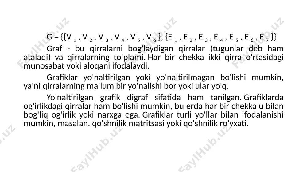 n ular doimo yo'naltirilgan ildiz tugun grafikda ildiz deb ataladigan yagona tugun yo'q. daraxtlarda ildiz (ota-ona) tugun deb ataladigan noyob tugun mavjud. loop shakllanishi tsikl hosil bo'lishi mumkin. hech qanday tsikl bo'lmaydi. o'tish grafiklarni o'tkazish uchun biz kenglik-birinchi qidiruv (bfs) va chuqurlik-birinchi qidiruv (dfs) dan foydalanamiz . biz daraxtni tartibda, oldindan buyurtma berish yoki buyurtmadan keyin o'tish usullaridan foydalangan holda kesib o'tamiz. ilovalar tarmoq grafigida eng qisqa yo'lni topish uchun ishlatiladi. o'yin daraxtlari, qaror daraxtlari uchun daraxt ishlatiladi. tugun munosabatlari grafikda tugunlar boshqa tugunlar bilan istalgan sonli ulanishga ega bo'lishi mumkin va ota-ona va bolalarning qat'iy munosabatlari mavjud emas. daraxtda har bir tugun (ildiz tugunidan tashqari) ota-ona tuguniga va nol yoki undan ortiq tugunlarga ega. odatda uchun ishlatiladi grafiklar odatda ijtimoiy tarmoqlar, transport tarmoqlari va kompyuter tarmoqlari kabi murakkab tizimlar yoki munosabatlarni modellashtirish uchun ishlatiladi. daraxtlar odatda fayl tizimlari, tashkilot sxemalari va oila daraxtlari kabi ierarxik tuzilishga ega bo'lgan ma'lumotlarni …
