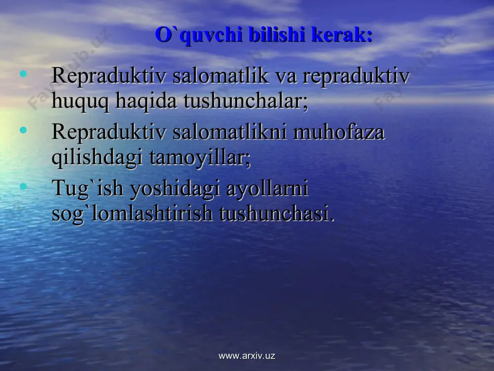 a ona va bola salomatligini muhofaza qilish tizimini rivojlantirish va mustahkamlash, har bir viloyat markazi va yirik shaharlarda sog’lom bola tug’ilish va tarbiyalanishi uchun zarur shart-sharoitlarni ta'minlovchi perinatal va skrining markazlari tashkil etish borasidagi umumdavlat chora-tadbirlarini ro’yobga chiqarish bo’yicha mamlakatimizda amalga oshirilayotgan ishlarni yanada kuchaytirish va ularning samaradorligini oshirish, shuningdek tibbiyot muassasalari hamda jamoat tashkilotlari tomonidan keng chora-tadbirlar kompleksini, shu jumladan oilada va jamiyatda reproduktiv salomatlikni mustahkamlash, jismoniy va ma'naviy barkamol avlodni shakllantirish yuzasidan tushuntirish tadbirlarini bajarish. www.arxiv.uz www.arxiv.uz aholining reproduktiv salomatligini mustahkamlash, sog’lom bola tug’ilishi, jismoniy hamda ma'naviy barkamol avlodni shakllantirish borasida olib borilayotgan ishlarni yanada kuchaytirish va ularning samaradorligini oshirish chora-tadbirlari dasturini ishlab chiqish hamda amalga oshirish. www.arxiv.uz www.arxiv.uz pq - 1144 2009 yil 7 iyul 2009-2013 yillarda aholining reproduktiv salomatligini mustahkamlash, sog’lom bola tug’ilishi, jismoniy pa ma'naviy barkamol avlodni voyaga yetkazish borasidagi ishlarni yanada kuchaytirish va samaradorligini oshirish chora-tadbirlari dasturi to’g’risida. www.arxiv.uz www.arxiv.uz aholining reproduktiv salomatligini yanada …