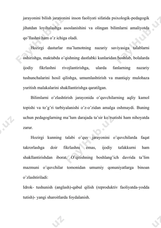 lashtirish darajasida bir turdagi masala yoki mashqlar (savollar) ni namunaga (tayyor yechib ko’rsatilgan) qarab yecha olishga mo’ljallangan o’quv materialiga aytiladi. reproduktiv metod ham bor. bu metod namunaga qarab o’quv materialini o’zlashtirish metodidir. har qanday materialni bayon qilishda yoki bu materialni tezroq tushunish uchun (darsliklarda beriladi) tayyor yechib ko’rsatilgan metodik nuqtai nazardan qulay mashqlar berilishi hozir odatga aylangan. bunday mashqlar o’rganilgandan so’ng boshqa namunaga o’xshamagan lekin namunaga qarab yechilishi mumkin bo’lgan mashqlar tushuniladi. mashqlar (savollar) namunadagi ya’ni reproduktiv usuldagi o’zlashtirishga mo’ljallangan o’quv materiali bo’lsa, bularni namuna bilan bir xil turdagi o’quv materiali deyiladi. bu metod bilan har qanday materialni o’rganish qulay va materialni o’zlashtirishdagi dastlabki qadamlar bo’ladi. lekin bu usulda olingan bilim o’quvchining esida turmaydi, ya’ni olingan bilim mustahkam bo’lmaydi. bu bilimlarni mustahkamlash va chuqurlashtirish va uni amaliyot bilan bog’lash uchun esa boshqa metod ya’ni produktiv metoddan foydalaniladi. reproduktiv metodda bilimlarni o’zlashtirish darajalari bir xil bo’ladi. produktiv (unumli) o’zlashtirish darajasi deganda …