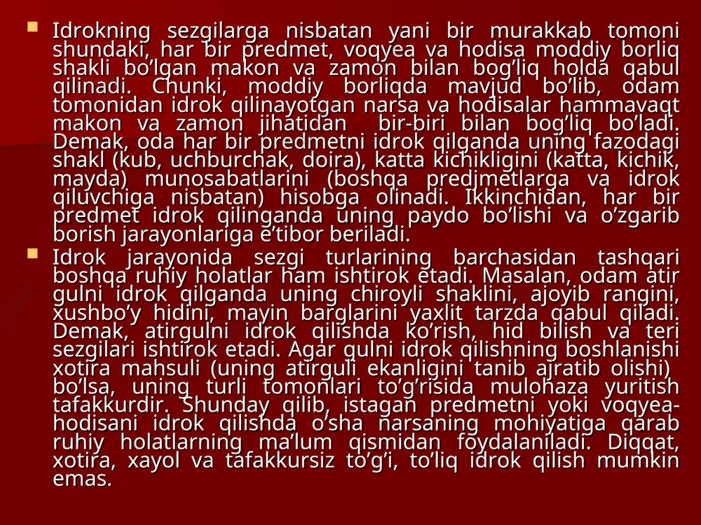 sh tajribasiga, bilimiga, diqqatiga, kasbiga va tafakkuriga bog’liq bo’ladi. odamlar turmush tajribasiga va bilimlariga qarab predmetlarni va voqyea-hodisalarni turlicha idrok qiladilar. bundan tashqari, bir narsaning o’zini har bir kasb egasi o’z kasb-kori nuqtai nazaridan qabul qiladi. masalan, «ildiz» tushunchasini biolog boshqacha, matematik, tish doktori, tarixchi va filolog boshqacha idrok qiladi. ya’ni, «ildiz» so’zini biolog o’simlik ildizi, matematik ildiz chiqarish (hisoblash), tish doktori tishning ildizi, tarixchi va filolog esa biror voqyeaning boshlanishi, sodir bo’lishi sababi sifatida idrok qiladi; ye) voqyealarni to’g’ri idrok qilish shaxsning g’oyavyi yo’nalishi, ideali, e’tiqodi va dunyoqarashiga bog’liqdir. har bir shaxs o’zining g’oyaviy yo’nalishiga assolanib, sodir bo’lib turgan voqyea-hodisalarning mohiyatiga yondashadi, ularning kelajagini tasavvur etadi. idrok jarayonida appersepsiya, illyuziya va gallyusinasiya hodisalari ham mavjuddir. appersepsiya1 idrok jarayonining shaxsning avvalgi bilim va tajribalari, qiziqishi, ehtiyoj va odatlari, umuman psixik hayotining umumiy mazmuniga bog’liq bo’lishidir. appersepsiya hodisasi tufayli kishilar idrokining mazmuni bir-biridan farq qiladi. shaxslar aynan bir xil narsani o’z …