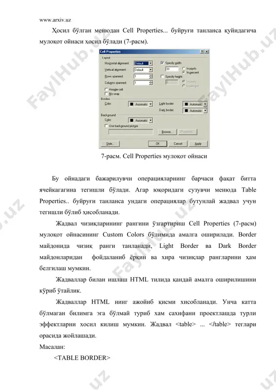 ўйхати келтирилган. ойнанинг ўнг-қуйи қисмида эса танланган шаблоннинг экран кўриниши берилади. керакли шаблон танланганидан кейин ok тугмаси босилади (биз «banner and contents» фрейм шаблонини танладик). экран кўриниши 9-расмда кўрсатилган холатни олади. фреймларни тайёр шаблонларидан ташқари қандай усул билан хосил қилиш мумкин? 9-расмга эътибор берадиган бўлсак экранни уч бўлакка бўлинганини кўрамиз ва хар бир бўлакда иккитадан тугма мавжуд: 1. set initial page... 2. new page экрандаги хар бир бўлак алохида web хужжат бўлиб хисобланади. яъни хар бўлакка аввалдан яратилган web хужжатни қўйиб қўйиш мумкин. бунинг учун set initial page... тугмасидан фойдаланилади. тугма босилганидан кейин мавжуд файлни кўрсатиш учун мулоқот ойнаси хосил бўлади ва бу ойнадан керакли файл танланади. 9-расм. шаблон танлангандан кейинги экран кўриниши агар аввалдан тайёрланган файл мавжуд бўлмаса, шу ернинг ўзида хам янги хужжатни тайёрлаб олиш мумкин. бундай холатда new page тугмаси босилади ва айнан шу бўлакнинг ўрнида янги бўш сахифа хосил бўлади. фреймли экран компьютер хотирасига сақланаётган вақтда …