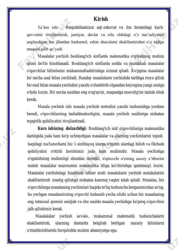 o'plamlarni birlashtirish amalini bajarib yechish lozim. boshlangich sinflar uchun matematikadan dasturda bolalarni masalalarni yechishga o'rgatishga katta ahamiyat bergan. bu dasturda bolalarga masalalarni yechishda ular oldindan o'rgangan arifmetik amallarning xossalaridan foydalanishi va o'zlariga ma'lum bo'lgan usullardan eng ratsionalini tanlay olishga o'rgatish zarurligi ta'kidlangan. kurs ishining maqsadi – boshlang’ich sinf matematika kursining asoslaridan biri bo'lgan murakkab masalalarni yechishni, o’quvchilarga murakkab masalalar bilan ishlash metodikasini o’rgatish. kurs ishining vazifalari: 1) boshlang’ich sinflarda matematika darslarining tashkil etilishini kuzatish va tahlil qilish; 2) boshlang’ich sinf o’quvchilarining murakkab masalalar bilan ishlash yuzasidan olgan bilim, ko’nikma va malakalarini aniqlash. 3) boshlang’ich sinf murakkab masalalarni yechishga o’rgatish yuzasidan uslubiy tavsiyalar ishlab chiqish. kurs ishining tuzilishi: kurs ishimiz asosan kirish qismi, 2 ta bob,1-bobda 3 ta,2-bobda 5 ta reja , hamda xulosa qismidan iborat. ishda murakkab masalalarni yechishning boshlang'ich sinf o'quvchilarining fikrlash doiralarini kengaytirishdagi ahamiyati yetarlicha asoslab berilgan va boshlang'ich sinf o'quvchilarida murakkab masalalarni yechish malakalarini shakllantirish lozimligi haqida …