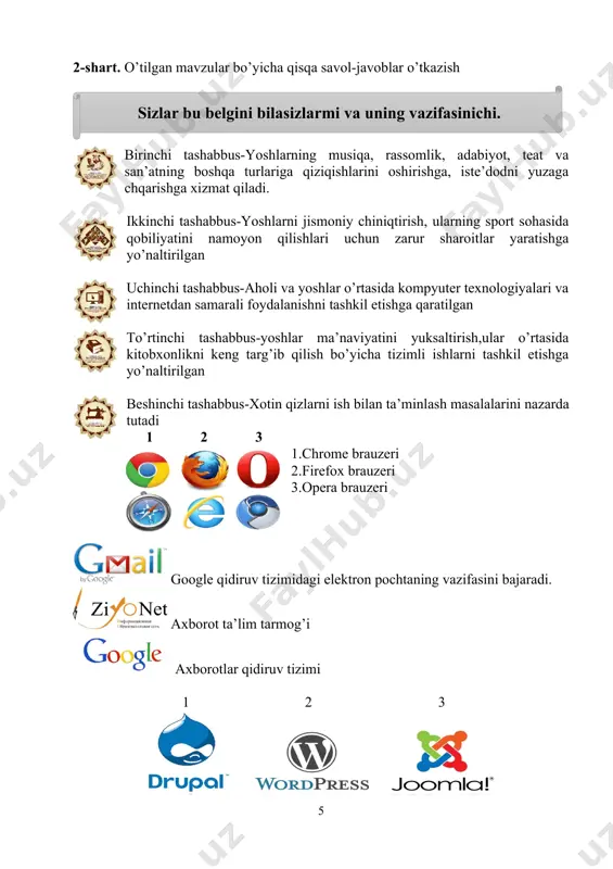 so’z “sm”, chunki axbarot o’lchov birliklari ichida uzunlik birligi kirib qolgan). 2. 71, 802, xv, 65, 85 (bеgona “xv” – rim raqamli) 3. 0, 1, 2, 3, 4, 5, 6, 7, 8, 9, 10, 11 a, b, c, d, e, f (bеgona raqam “11”) 4. axborot, algoritm, dastur, ehm (bеgona so’z “dastur”) 5. blеz paskal, nyuton, v. shikkard, lеbеd, lеonardo do vinchе (bеgona so’z “nyuton”) 6. ishonchli, qimmatli, mantiqiy, to`liq, (bеgona so’z “mantiqiy”) 7-shatr .“so’zlarni davom ettir”o’yini. axborot ⇒ texnika ⇒ algoritm ⇒ monitor ⇒ rеgistr ⇒ raqamli ⇒ internet ⇒trigеr ⇒ rost–to’rtlik kibеrnеtika ⇒ abak ⇒ yangi mavzuning bayoni yangi mavzu: lms asosida masofaviy ta’lim olish. googleda classroom platformasi classroom platformasiga kirish uchun quyidagi brauzerlardan ihtiyoriy bittasiga kiramiz. so’ng classroom.google.com saytiga kiramiz. ekranda quyidagi oyna hosil bo’ladi. telefon yoki elektron pochta degan joyiga akkaunti mavjud bo’lgan telefon raqam yoki elektron pochtangizni kirgizasiz.agar akkaunt mavjud bo’lmasa создать акаунт tuhmasini bosamiz …