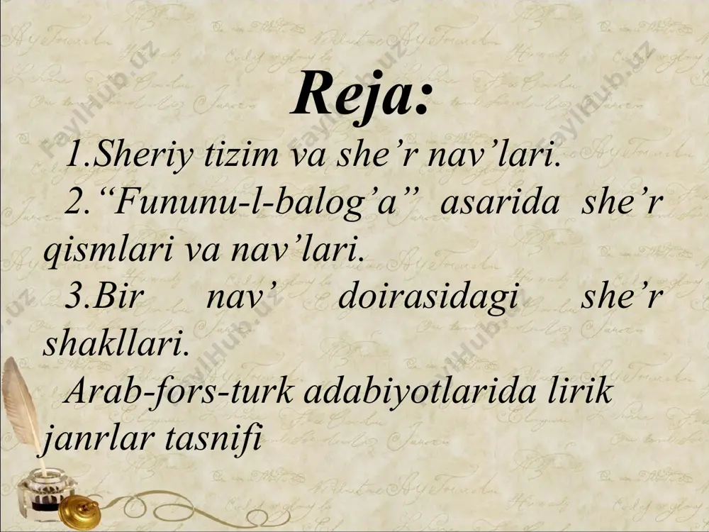 lagi matla’siz va maqta’siz g‘azal. mustahzod- arabcha orttirilgan. bir yarim rukn orttiriladi. ruboiy- arab tilidan o‘zlashgan so‘z bo‘lib, 4 qatorli she’r ma’nosini beradi. u asosan, hazaj bahrining axrab va axram shahobchalarida yoziladi. fors adabiyotiga ko‘ra ruboiy rudakiy boshlagan. turkiy she’riyatda esa “qutadg‘u bilig” asari tarkibida ruboiy va to‘rtliklar uchraydi shayx ahmad taroziy va a. navoiy ruboiy vaznlari haqida to‘xtalar ekan, turkiy adabiyotda shunday to‘rtlik asosida tuyuq janri borligini kuzatgan. tuyuq vazn jihatidan ramal bahrida yozilgan. qofiyalanishi esa ruboiy bilan bir xil: a-a-b-a, a-a-a-a. masnaviy (ar. “ikkilik”) – har bandi 2misradan iborat voqeaband she’rdir. arab va fors she’riyatida esa u vazn bilan birga hazaj, sare’ va muzore’ bahrlarida yozilgan. qofiyalanish tizimi (a-a, d-d va h.k) ga ko‘ra har ikki misra o‘zaro qofiyalangani uchun muallifga keng imkoniyat beradi masnaviyning fors she’riyatidagi yuksak namunasi “shohnoma”, turkiy she’riyatda esa “qutadg‘u bilig” larni masnaviy shaklida yozilgan ma’rifiy asar deb bilishimiz mumkin. musammat (ar.“tizma”,“ipga tizilgan”,“zanjir) shakllari …