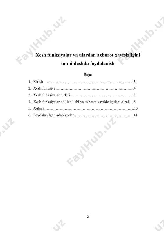 nksiyadan foydalanish hisoblanadi. xesh-funksiyaning qiymatini uning kalitini bilmasdan turib qalbakilashtirib bo’lmaydi, shu sababli xeshlash kalitini shifrlangan ko’rinishda yoki jinoyatchining «qo’li yetmaydigan» joydagi xotirada saqlash kerak. kriptografik uslublardan (shifrmatnga va dastlabki matnga oʻgirish, elektron raqamli imzoni shakllantirish va tekshirish, xesh-funksiya shakllantirish va tekshirish) foydalanishga asoslangan axborotni oʻzgartirish jarayoni. axborotni shifrlash uni begonalar tomonidan oʻrganish yoki oʻzgartirish imkoniyatini yoʻqqa chiqaradi. shuningdek, maʼlumotlarga va dasturlarga, ulardan noqonuniy foydalanish maqsadida, ruxsatsiz raqamli imzo tizimiga kirishning oldini olishni taʼminlaydi. shifrlashning ikki usuli mavjud: simmetrik va asimmetrik. simmetrik shifrlashda, kodlash va kodni ochish uchun birgina kalitning oʻzidan foydalaniladi. asimmetrik shifrlashda ikkita kalitdan foydalaniladi. ulardan biri (ochiq kalit) dastlabki matnni shifrmatnga oʻgirishni, ikkinchisi esa (yopiq kalit) dastlabki matnga oʻgirishni taʼminlaydi. xesh funksiya xesh funksiyalar – ixtiyoriy uzunlikdagi kirish ma’lumotini chiqishda belgilangan uzunlikdagi xesh qiymatga aylantirib beruvchi bir tomonlama funksiyalarga aytiladi. xesh funksiyalar kriptografiya va zamonaviy axborot xavfsizligi sohasida ma’lumotlarni to’laligini tekshirishda foydalaniladi. elektron to’lov tizimlari protokollarida ham …