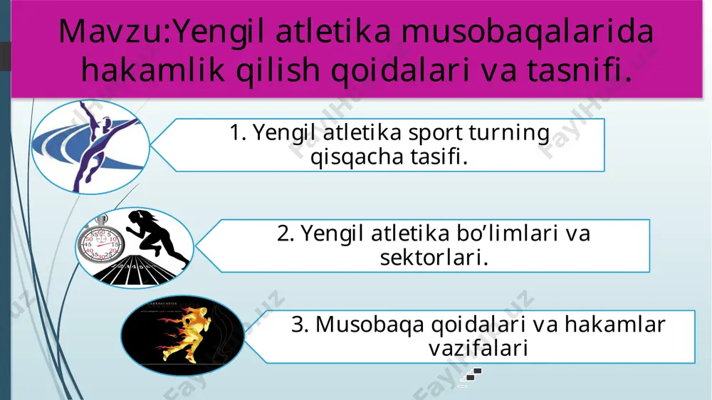 iyasi (iaaf) tashkil qilingan. federasiyaning maqsadi – federasiya a’zolari o’rtasida hamkorlik o’rnatish, ustav va xalqaro musobaqalar o’tkazish qoidasini ishlab chiqishdan iborat edi. o’zbekiston yengil atletika federasiyasi 1992 yil xalqaro yengil atletika federasiyasi iaaf ga a’zo bo’lib kirdi. 1993 yilda esa osiyo yengil atletika astosiatsiyasiga qabul qilindi. o’zbekiston terma jamoasi birinchi marta 1994 yil xirosima shahrida (yaponiya) xii osiyo o’yinlarida 11 sportchi bilan ishtirok etib 3 ta oltin, 2 ta kumush va 3 ta bronza medallari sovrindori bo’ldilar. xalqaro yengil atletika federatsiaysi bosh binosi uzb yengil atletika federatsiyasi rasmiy belgisi yengil atletika jihozlari yengil atletika bo’limlaridagi turlarni turkumlanishi 2 yugurish 3 sakrash 4 uloqtirish 5. ko’p kurash 1 yurish yurish - siklik tur bo‟lib, maxsus chidamlilikni namoyon qilishni taqozo etadi, ham erkaklar, ham ayollar o’rtasida musobaqalar o’tkaziladi. ayollarda: stadionda – 3, 5, 10 km; manejda – 3, 5 km; shosseda – 10, 20 km masofalarda musobaqalar o’tkaziladi. erkaklarda: stadionda – 3, …
