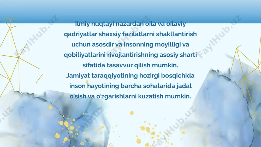 ish muhitini yaratish ahamiyatlidir. oila va unda shakllangan muhit shaxsning ko'plab shaxsiy fazilatlarini rivojlantirishga yordam beradi. ma'lumki, shaxsiyatni rivojlantirishning asosiy omili irsiyat, tarbiya va atrof-muhit hisoblanadi. ushbu omillar, u yoki bu tarzda, oilaga bevosita bog'liq boʻlib, bu o'z navbatida bola tarbiyasi va shaxsini shakllantirishga kuchli ta'sir ko'rsatadi. oila muhitida nafaqat bolalarning, balki kattalarning ham shaxsiy fazilatlari shakllanadi. bolani tarbiyalash jarayoni ota-onalarning shaxsiy fazilatlarini boyitadi, shu bilan birga ularning ijtimoiy tajribasini oshiradi. shu ma'noda oila - har birimiz uchun muqaddas maskan. qadim zamonlardan beri oʻzbek xalqi oilaviy rishtalarni xalqning boyligidan biri sifatida ardoqlagan va asrab kelgan, chunki sog'lom oila asosida kuchli davlat shakllanadi. oilada insonning axloqiy tarbiyasi va madaniy rivojlanishining asoslari qo'yiladi, keyinchalik uning xulq- atvor normalarini shakllantiradi, ichki dunyosini boyitadi. oila uning ijtimoiy va ijodiy faoliyatini juda rag'batlantiradi, har tomonlama rivojlangan shaxsni shakllantirishga hissa qo'shadi. oila institutining barqarorligi mamlakatning muvaffaqiyatli va har tomonlama rivojlanishining garovidir. har bir millatning oilaga doir …