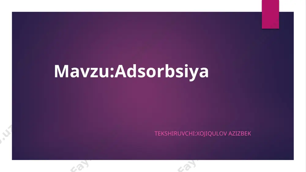 t)larga hajmiy yutilishi. gazlarning suyuqliklarga absorbsiyalanishidan neftni qayta ishlash, koks-benzol va boshqa sanoat sohalarida foydalaniladi. gazlarning bugʻ va suyuqliklarda erish darajasining turliligiga asoslangan holda absorbsiyadan texnikada gazlarni tozalash va ajratishda hamda ularni bugʻ gaz aralashmalaridan ajratishda foydalaniladi. absorbsiyaga qarama-qarshi jarayon desorbsiya deyiladi, u eritma yutgan gazni ajratib olish va absorbentni regeneratsiya qilishda qoʻllaniladi.[ image1.jpeg image2.png image3.png image4.png image5.png image6.png image7.png image8.png image9.png image10.png image11.png image12.png image13.png image14.png image15.png image16.png /docprops/thumbnail.jpeg