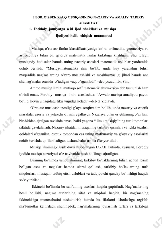 a muvofiq kuylar ta’riflanadi. keyingi asrlarda, xususan, safiuddin urmaviy (xii asrlar ) ijodidan boshlab, musiqa nazariyasi monodik musiqaning, asosan ikki bosh mezoni- parda (umuman, tovushlarning baland-pastlik jihati, o’rni) va vazn (tovushlarning vaqt munosabati) nuqtai nazaridan o’rganishga qaratilgan. bular nisbiy mustaqil bo’lgan ikki ilmga ajratiladi- “ilmu ta’rif” va “ilmu iqo’”. ilmu ta’rif- kuyning dastlabki zarrachasini tovushdan tartib, yirik musiqa tuzilmalari haqida tushunchalar beradi. kuy bo’laklari: savt (tovush), nag’ma (parda, ton), bu’d (interval), jins (dastlabki kuy tuzilmalarining parda asoslari, to’rt-besh pog’onali tovush qatorlar), ja’m (jinslarning birikmasidan hosil bo’ladigan bir oktava hajmidagi tovush tuzilmasi), intiqolot (ko’chish, modulyatsiya) kategoriyalari ustida fikr yuritadi. ilmu iqo’ esa musiqa vaznining eng kichik birligi naqr (asl ma’nosi chertish, zarb vaznlarini o’lchash uchun shartliravishda olingan birlik ) va ulardan hosil bo’ladigan iqo’ (ritm), davr (ritmik tuzilma, period), usul (ritmik davrning muayyan turi) kabi tushunchalarni o’rganishga qaratilgan. sharq musiqa estetikasida, kuyning paydo bo’lishi, uning mohiyatini belgilash eng ko’p muhokama qilinadigan …