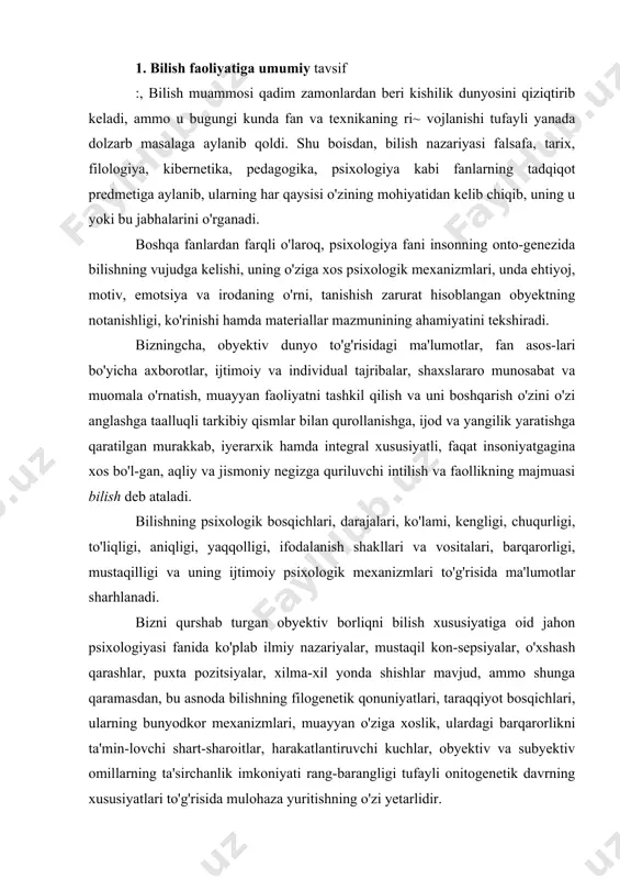 ichlari, ularning bunyodkor mexanizmlari, muayyan o'ziga xoslik, ulardagi barqarorlikni ta'min-lovchi shart-sharoitlar, harakatlantiruvchi kuchlar, obyektiv va subyektiv omillarning ta'sirchanlik imkoniyati rang-barangligi tufayli onitogenetik davrning xususiyatlari to'g'risida mulohaza yuritishning o'zi yetarlidir. inson shaxs bo'lib shakllanishida va rivojlanishida bilish jarayon​lari asosiy funksiyani bajaradi. bilish jarayonlari qadim zamonlardan beri olimlarning diqqat markazida boigan muammolardan biri bo'lib kelgan. insonning ontogenezida bilish jarayonini amalga oshiruvchi, uni yuzaga keitiruvchi asosiy manbalar mavjud bo'lib, bizningcha, ular taxminan quyidagilardan iborat: 1) tug'ma instinktlar; 2) shartsiz reflekslar; 3) shartli reflekslar; 4) ideomotor harakatlar; 5) predmetli harakatlar; 6) taqlid yoki imitatsiya; 7) tajriba; 8) mashq; 9) ko'nikma, malaka, odat (ularni o'zlashtirish imkoniyati va egallash vaziyati); 10) refleksiya (xulq va ongli boshqarish). bilish jarayonining mohiyati va o'ziga xosligini vujudga keitiruv​chi asosiy psixologik negizlari tariqasida: 1) ehtiyoj; j 2) motiv (motivatsiya); 3) mayl; 4)moyiliik; 5) qiziqish; 6) ustanovka; 7) tug'ma, tabiiy alomatlar; 8) faollik; 9) ruhiy holatlarning barqarorligi; 10) obyektiv va subyektiv xususiyatli …