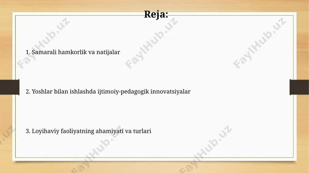dam bergan. innovatsion usullar va texnologiyalar toshkent shahridagi 10 ta yoshlar markazida qoʻllanilgan "gamifikatsiya" texnologiyasi, faol ishtirok etish darajasini 20% ga oshirdi va yoshlarni 7 ta turli ijtimoiy loyihalarga jalb qildi. oʻzbekistonning 5 ta viloyatida 2022-yilda amalga oshirilgan “yoshlik” loyihasi, interaktiv oʻquv dasturlari va onlayn platformalardan foydalanish orqali ijtimoiy-pedagogik innovatsiyalarni joriy etdi. kelajakdagi istiqbollar kelajakdagi istiqbollar natijalariga ko'ra, 2023 yilda 15 ta ta'lim muassasasi bilan hamkorlikda 500 dan ortiq yoshlarni tadbirkorlikka o'rgatish orqali 20 ta yangi biznes loyihalari ishga tushirildi. loyiha doirasida 2024 yilda 1000 dan ziyod yoshlarga 7 ta professional ko'nikmalar bo'yicha treninglar o'tkazish rejalashtirilgan bo'lib, ularning 80% ga yaqini kasb-hunar kollejlari bitiruvchilari hisoblanadi. loyihaviy faoliyatning ahamiyati loyihaviy faoliyat yoshlarning 20% gacha bo‘lgan ijtimoiy muammolarini 5 yil ichida samarqand viloyatida hal qilishga yordam beradi, chunki ularning faol ishtirokini ta’minlaydi. o‘zbekistonning 7 ta hududida o‘tkazilgan tadqiqotlar shuni ko‘rsatdiki, loyihaviy faoliyatda ishtirok etgan yoshlarning 85% o‘zlarining kelajakdagi rejalari aniqroq bo‘lganini bildirishgan. …