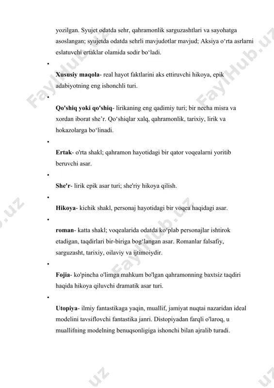n asar yoki asarlar silsilasi. · drama- (tor ma'noda) dramaturgiyaning yetakchi janrlaridan biri; personajlar dialogi shaklida yozilgan adabiy asar. sahnada ijro etish uchun mo'ljallangan. ajoyib ifodaga e'tibor qaratildi. kishilarning o`zaro munosabatlari, ular o`rtasida vujudga keladigan ziddiyatlar personajlar harakati orqali ochilib, monolog-dialogik shaklda gavdalanadi. drama tragediyadan farqli ravishda katarsis bilan tugamaydi. janr - adabiy asarning bir turi. epik, lirik, dramatik janrlar mavjud. liroepik janrlar ham ajralib turadi. janrlar shuningdek, hajmi bo'yicha katta (shu jumladan rom va epik roman), o'rta ("o'rta hajmdagi" adabiy asarlar - romanlar va she'rlar), kichik (hikoya, qissa, insho) ga bo'linadi. ularning janrlari va tematik bo'linmalari mavjud: sarguzasht romani, psixologik roman, sentimental, falsafiy va boshqalar. asosiy boʻlinish adabiyot janrlari bilan bogʻliq. jadvaldagi adabiyot janrlarini e’tiboringizga havola qilamiz. janrlarning tematik bo'linishi ancha shartli. mavzu bo'yicha janrlarning qat'iy tasnifi yo'q. masalan, lirikaning janr-tematik xilma-xilligi haqida gapiradigan bo'lsak, ular odatda sevgi, falsafiy, manzarali lirikalarni ajratib ko'rsatishadi. ammo, tushunganingizdek, qo'shiqlarning xilma-xilligi ushbu to'plam …