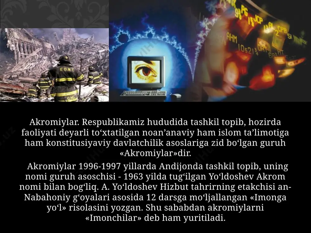 , jamoa ma`qullagan mehnat faoliyati bilan shugullanganlar. ular mavjud tuzumni tan olmaydilar, davlat, qonun, ota-onaga emas, faqat oqim sardorlariga bo`ysunish lozim deb hisoblaydilar. akromiylar asoschisi vahhobiylik ta`limotiga tayanib, 1992 yilda 12 darsdan iborat "imonga yo`l" deb nomlangan dastur ishlab chiqqan. dasturda oxirgi maqsad - islom davlatini barpo etishdan iborat ekani ta`kidlangan. akromiylar siyosiy hokimiyatga erishishning 5 bosqichini rejalashtirganlar: 1. "sirli" yoki "maxfiy". 2. moddiy. 3. ma`naviy. 4. "uzviy maydon". 5. "to`ntarish". dasturda diniy taassubga moyilligi bor shaxs tanlab olinishi, uning moddiy hayoti yaxshilanishi, ekstremizm, terrorchilik ruhidagi adabiyotlar bilan tanishtirilishi, boshliqning topshiriqlarini so`zsiz bajarishi va nihoyat mavjud konstitutsiyaviy tuzumni ag`darib tashlab, o`z hokimiyatlarini o`rnatishi bayon etilgan. akromiylar hozirgi kunda musulmonlarga namoz, ro`za, zakot, haj farz emas, chunki biz kufr davlatida yashamoqdamiz, deb hisoblaydilar. to islom davlati qurilmaguncha, mazkur ibodatlarni bajarish shart emas deb qaraydilar. o`zbekiston musulmonlari bu oqimni islomga yot oqim deb baholadi. oqim xalqning keskin qarshiligiga uchradi va faoliyati barham …