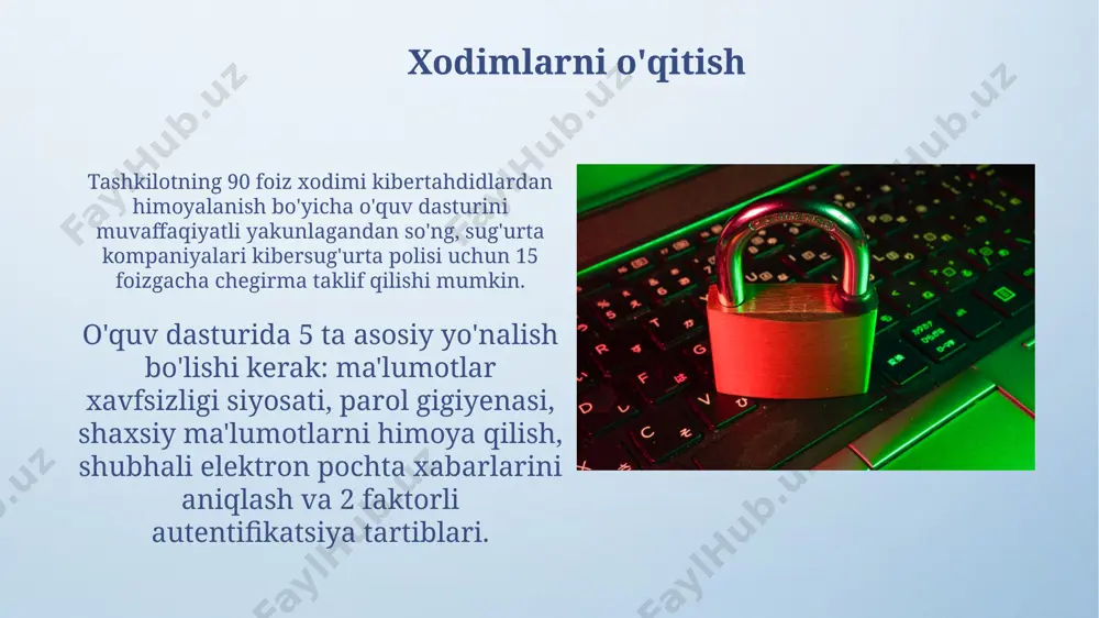 ilg'or funktsiyalarni o'z ichiga oladi va dastur darajasida 99% gacha aniqlik bilan murakkab tahdidlarni aniqlaydi. kiberhujumlarni aniqlash kiberhujumlarni aniqlash kiberhujumlarni aniqlash ma'lumotlarni shifrlash ma'lumotlarni shifrlash kriptografik kalitlar yordamida amalga oshiriladi, masalan, aes-256 bitli shifrlash standartidan foydalanish ma'lumotlaringiz xavfsizligini ta'minlaydi. ma'lumot antivirus dasturlari zamonaviy antivirus dasturlari 100 000 dan ortiq turli xil tahdidlarni real vaqtda skanerlashi mumkin va ular faqat 2% holatda tizim resurslaridan sezilarli darajada foydalanishi mumkin. antivirus dasturlari 0 kunlik hujumlarni aniqlash uchun xulq-atvor tahlili kabi ilg'or usullardan foydalanadi, avval ko'rilmagan zararli dasturlarni aniqlash darajasini taxminan 98% gacha oshiradi. kiberhujumlar sabablari 3. raqobatbardosh ustunlikka erishish uchun sanoat josusligi ham kiberhujumlarga turtki bo'ladi. masalan, kompaniyaning 80% dan ortig'i o'z texnologiyalari himoyasiz deb hisoblaydi. 2. ba'zi kiberhujumlar geosiyosiy sabablarga ko'ra uyushtiriladi, ya'ni davlatlar yoki siyosiy guruhlar tomonidan dushmanlik harakatlari yoki ma'lumot o'g'irlash, misol uchun, 7 ta davlatga qarshi. kiberhujumga javob choralari kiberhujumga javob choralari: 3. kiberhujum sodir bo'lganda, darhol zararlangan tizimlarni …