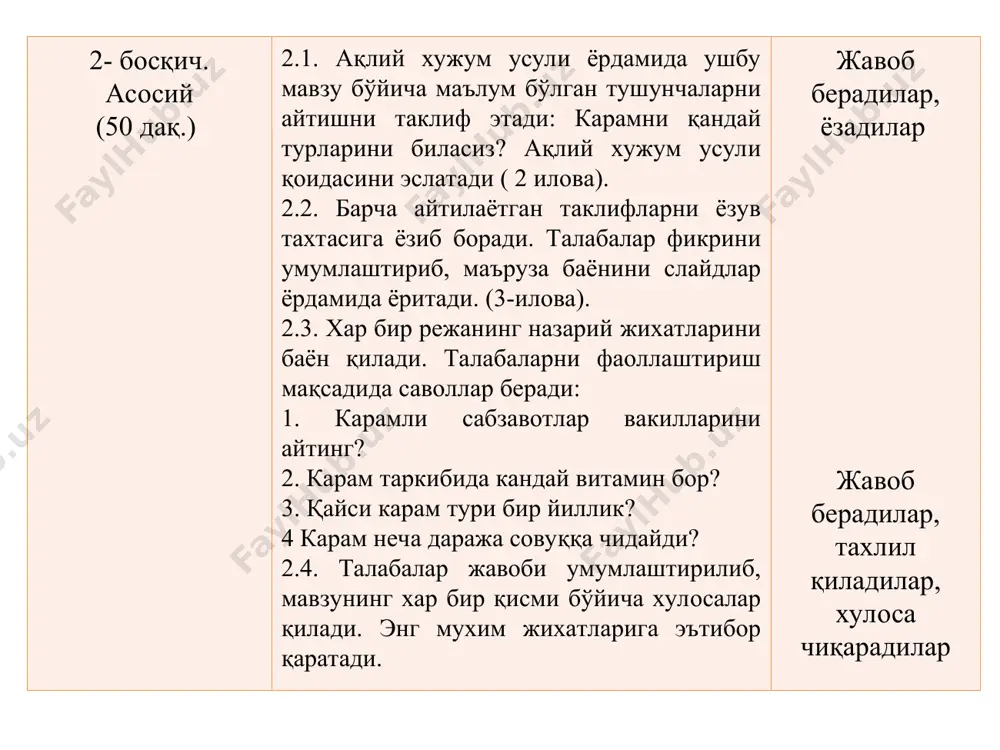 ойда – ўртапишар; 3-4 ойда пишса кечпишар навлар ҳисобланади. термез-2005 узбекистанская-133 апшеронская озимая карам ўсимлигини ҳароратга муносабати оқбош карам совуққа чидамли икки йиллик ўсимлик. унинг уруғи 4-5 с ҳароратда нишлайди. ҳарорат 15-20 с бўлганда 3-4 кунда униб чиқади. лекин, ҳарорат юқори бўлиб, ёруғлик етишмаса кўчатхоналарда кўчатлар бўйига ўсиб кетади. шу туфайли кўчатлар кўкариб чиққандаги даврда ҳарорат 6-8 с бўлса, энг қулай ҳисобланади. ўсимликнинг карамбош ураши учун энг қулай ҳарорат 15-18 с, лекин паст (5-10 с) ҳароратда ҳам карамбош ўсиши ва шаклланиши мумкин. карам кўчати минус -5-6 с, ўсимлиги эса -8 с гача совуққа чидайди. кузда ўтказилган дербентская местная, апшеронская озимая навлари эса минус -10-12°с гача совуқдан зарарланмайди. карамни тупроқ озуқасига муносабати в.и.эдельштейн (1962) маълумотларига кўра, 500 ц/га оқбош карам ҳосили олинганда ердан 150 кг азот, 50 кг фосфор ва 222 кг калий ўзлаштиради. академик в.и.зуев ва профессор а.абдуллаев (1997) маълумотлари бўйича ўзбекистонда бўз тупроқли ерларда 529 ц/га карам ҳосили олинганда …