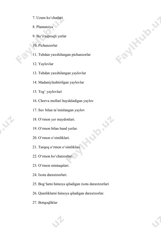 о‘yicha tekshirish ishlari amalga oishiriladi, chunki qishloq xо‘jalik fanlarining bosh me’zoni tuproq unumdorligiga asoslanadi. unumdorlik bо‘yicha baholash muayyan yerdagi qishloq xо‘jaligi ekinlarining talablarini hisobga oalgan holda о‘tkaziladi. о‘zbekistonni sug‘oriladigan yerlari sharoitida unumdorlik kо‘rsatkichlari har bir fermer xо‘jaligi yerlari 3-4 yilda bir marta analiz natijalariga asosan aniqlanadi. unumdorlikni baholash 100 balli shkala bо‘yicha о‘tkaziladi. eng yaxshi xususiyatlarga ega bо‘lgan va eng yuqori unum beradigan tuproqlarga 100 ball beriladi. yerlarni unumdorligi bо‘yicha omillar orasida eng muhumi iqlim bosh omil hisoblanadi. issiqsevar о‘simlik bо‘lgan g‘о‘za eng ahamiyatli agroiqlim kо‘rsatkichlaridan biri harorat ressurslari bilan ta’minlanganlik yoki foydali harorat yig‘indisini 100 dan yuqori bо‘lishidir. bundan tashqari tuproq unumdorligini barcha xususiyatlari uchun eng muhum omillardan biri uning mexanik tarkibidir. yengil va о‘rta qumoqli tuproqlar eng yaxshi tuproq hisoblanadi. bunday tuproqlarni ishlash ham oson, ular juda yaxshi suv fizikaviy xossalariga ega. mayda tosh shag‘al aralashgan bо‘lsa sug‘oriladigan yerni sifatini buzadi, mexanizatsiyalashgan ishlov berish qiyinlashadi qul mehnati kо‘payadi, …