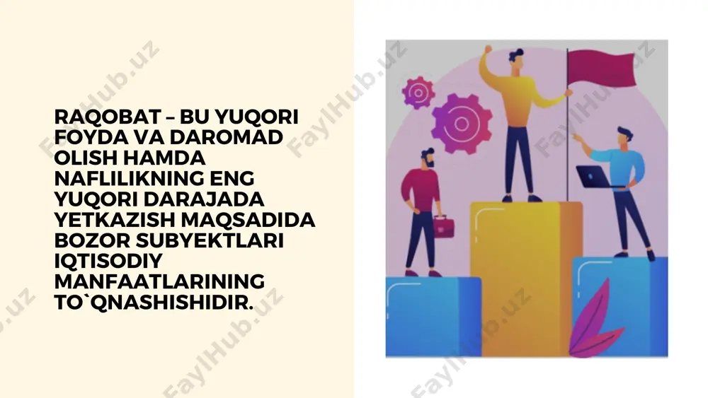 alga oshiradi, chunki korxonalar soni ko’p bo’lganligi sababli umumiy ishlab chiqarish hajmi unga katta bo’lmaydi. 2. monopolistik raqobat;monopolistik raqobat o’z ichiga ham monopoliya, ham raqobat unsurlarini oladi. tarmoqdagi bir turdagi mahsulotning unlab ishlab chiqaruvchilari bir-birlari bilan qulay narx hamda ishlab chiqarish hajmiga erishish borasida raqobatlashadilar. 3. monopoliya;sof monopoliyada tarmoq bitta firmadan iborat bo’lishi sabali, u mavjud mahsulot (xizmat)ning yagona ishlab chiqaruvchisi hisoblanadi va yakka hukmronlik shakllanadi 4. oligopoliyadir.oligopoliya tarmoqda u qadar ko’p bo’lmagan korxonalarning mavjud bo’lishi va hukmronlik qilishidir. qaysi tovarlar va xizmatlar bozorida nisbatan ham sonli ishlab chiqaruvchilar hukmronlik qilsa, shu tarmoq oligopolistik tarmoq hisoblanadi. masalan, po’lat, mis, alyuminiy, qo’rg’oshin, temir sanoatning bir turdagi mahsulotlaridir, iste‘molchilik tovarlari: avtomobillar, yuvish vositalari, sigaretlar, maishiy elektrbuyumlarini ishlab chiqaruvchilar tabaqalashgan oligopoliya hisoblanadi. o’z miqyosiga ko’ra raqobat ikki turga bo’linadi: tarmoqlar ichidagi raqobat ishlab chiqarish va sotishning qo’layroq sharoitiga ega bo’lish, qo’shimcha foyda olish uchun bir tarmoq korxonalari o’rtasida boradi. korxonalarning (tarmoqlar ichida) har …