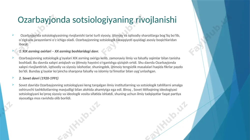 moiy tarmoqlar va kommunikatsiyalar: ozarbayjonda ijtimoiy tarmoqlar va internetning roli o’sib bormoqda. yoshlar o’rtasida onlayn muloqotlar va ma’lumot almashish tez sur’atlar bilan rivojlanmoqda., bu esa davlat siyosati va sotsiologik tadqiqotlar uchin yangi masalalarni keltirib chiqarmoqda. ozarbayjonda sotsiologik tadqiqotlar 1.sotsiologik tadqiqotlarning sovet davrdagi holati: sovet ittifoqi davrida, sotsiologiya asosan marxizm-leninizm asosida rivojlandi. ozarbayjon ssrda ham sotsiologiya faqat sovet ideologiyasiga mos keladigan yo’nalishlar doirasida olob borildi. tadqiqotlar ko’pincha sinf kurashi, iqtisodiy tizim va davlat siyosati bilan bog’liq masalalarga qaratilgan edi. bu davrda sotsiologik tadqiqotlar davlatning qat’iy nazorati ostida amalga oshirilgan va erkin ilmiy izlanishlarga imkoniyat yo’q edi. 2.mustaqillikda keying davr: mustaqillikdan keyin, ozarbayjonda sotsiologik tadqiqotlarning yangi bosqichi boshlandi. ilmiy erkinlik va xalqaro miqyosda hamkorlik imkoniyatlari kengaydi. ozarbayjon sotsiologiyasi turli ijtimoiy va siyosiy masalalarni o’rganishga kirishdi, va xalqaro sotsiologik jamiyatlar bilan hamkorlikda rivojlandi. 3. ozorbayjonda sotsiologik tadqiqotlarning asosiy yo’nalishkari: - ijtimoiy o’zgarishlar: ijtimoiy tizimlarning o’zgarishi, shu jumladan, iqtisodiy islohotlar, modernizatsiya va shaharsozlik jarayonlari …