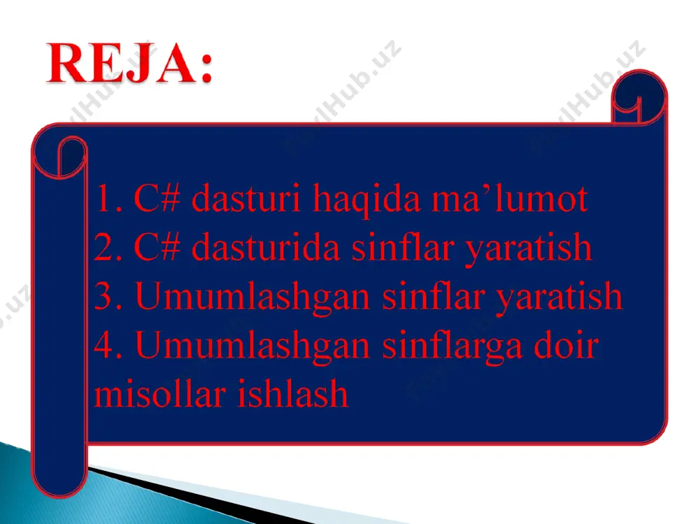 ari hisoblanadi. read metodi. read metodi kiritish qurilmalaridan belgini qabul qiladi. u int tipida kiritilgan belgi kodini qaytaradi va hech narsa kiritilmagan bo’lsa, -1 ni qaytaradi. masalan: int i = console.read(); console.writeline(i) ; bu dastur kiritilgan belgi kodini ekranga chiqarib beradi. readline metodi. readline metodi kiritish qurilmalaridan matnning satrini qabul qiladi (uning qiymati keyingi satrga o’tish belgisi bilan tugaydi ). u string tipidagi qiymat yoki null (agar kiritish amalga oshmagan bo’lsa) qiymatini qaytaradi. masalan: string s = console.readline(); console.writeline("kiritilgan satr : " + s); write va writeline metodlari. write metodi unga yuborilgan o’zgaruvchi qiymatini ekranga chiqarish vazifasini bajaradi. u string tipini qabul qiladi. u barcha bazali tiplar uchun ishlaydi. shuning uchun uni parametr sifatida chaqirish mumkin. using system; using system.text; namespace 1_misol { class program { static void main(string[] args) { console.write("assalomu alaykum"); console.readkey(); } } } standart tiplar. sinflar. sinflar – har bir obyektga yo’naltirilgan dasturlash tilining yuragi hisoblanadi. …