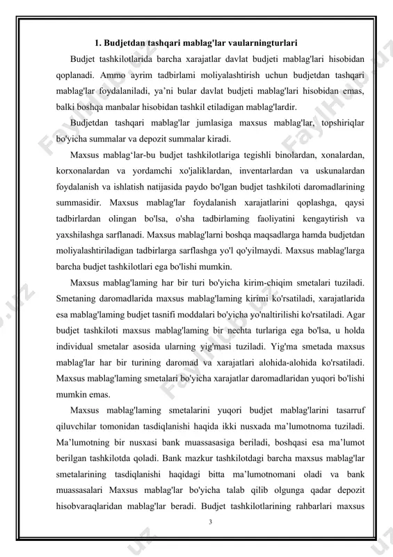 summalarga doir talab qilib olgunga qadar alohida depozit hisobvarag'ida saqlanadi. bunday hisobvaraqlar tegishli moliya organining ruxsati bilan ochiladi. depozit summalar-budjet tashkilotining ixtiyoriga vaqtincha kelib tushgan va ma’lum sharoit vujudga kelishi munosabati bilan qaytarilishi yoki tayinlanishi bo'yicha hisobga o'tkazilishi lozim bo'lgan mablag'lardir. bular jumlasiga, masalan, davolash muassasalaridagi kasallarning, ulami davolash muassasasidan chiqarilganda egalariga qaytariladigan pullari, sud organlari ixtiyorida vaqtincha saqlanayotgan va sud qaroriga asosan egasiga qaytariladigan yoki tayinlanishi bo'yicha o'tkaziladigan summalar va boshqalar kiradi. depozit summalar hukumat tomonidan belgilangan ma’lum muddat davomida bank muassasalarida budjetdan tashqari mablag'lar bo'yicha talab qilib olgunga qadar depozit hisobvaraqlarida saqlanadi. bu muddat tugagandan so'ng talab qilib olinmagan summalar tegishli budjetning daromadiga o'tkaziladi. 2. maxsus mablag'lar, topshiriqlar bo'yicha summalar va depozit summalar hisobi budjet tashkilotlarida maxsus mablag'lar, topshiriqlar bo'yicha summalar va depozit summalar alohida subschyotlarda va budjet bo'yicha xarajatlar smetalarining ijrosini hisobga olgan holda bitta balansda aks ettiriladi. o'zining nizomiga ega bo'lmagan unchalik katta bo'lmagan yordamchi xo'jaliklar …