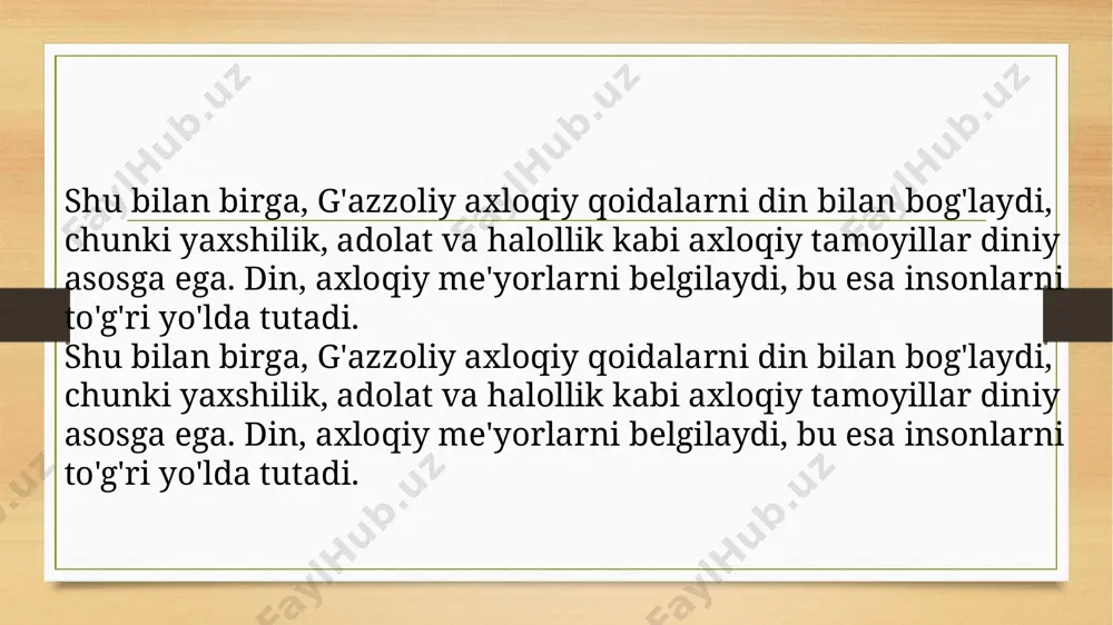 h, va ahloqiy risolalarni shakllantirishdir. dinning axloqiy qadriyatlari insonni baxt va farovonlik sari yetaklaydi. g'azzoliy, din va ilmni bir-biri bilan muvofiqlashtiradi. din, bilim orqali haqiqiy axloqiy imkoniyatlarni ochadi. u, nazariy va amaliy bilimlarni birlashtirgan holda, axloqiy rivojlanishni ta'minlaydi. bu holat erishilgan bilimlarni amaliyotda qo'llash, yaxshilikka erishishda muhimdir. xulosa: g'azzoliyning "tavba" asari diniy axloqiy qadriyatlar va inson ruhiyati o'rtasidagi o'zaro munosabatlarni chuqur tahlil qiladi. asarda tavba jarayoni nafaqat dinning asosiy tamoyili, balki insonning ichki dunyosini yangilash va yaxshilik sari yo'naltirish uchun muhim vosita sifatida ko'rsatiladi. g'azzoliy, axloqiy fazilatlar (sabr, adolat, halollik va rahm-shafqat) dinning markazida turadi va ular inson hayotida ijobiy o'zgarishlar keltiradi. shuningdek, din va ilmning bir-birini to'ldirishi, axloqiy rivojlanish uchun zarur ekanligi ta'kidlanadi. g'azzoliyning ta'limotlari zamonaviy hayotda ham dolzarb bo'lib, insonni o'zini yangilashga, ruhiy holatini yaxshilashga va to'g'ri yo'lni topishga undaydi….. image7.jpg image3.png image4.png /docprops/thumbnail.jpeg