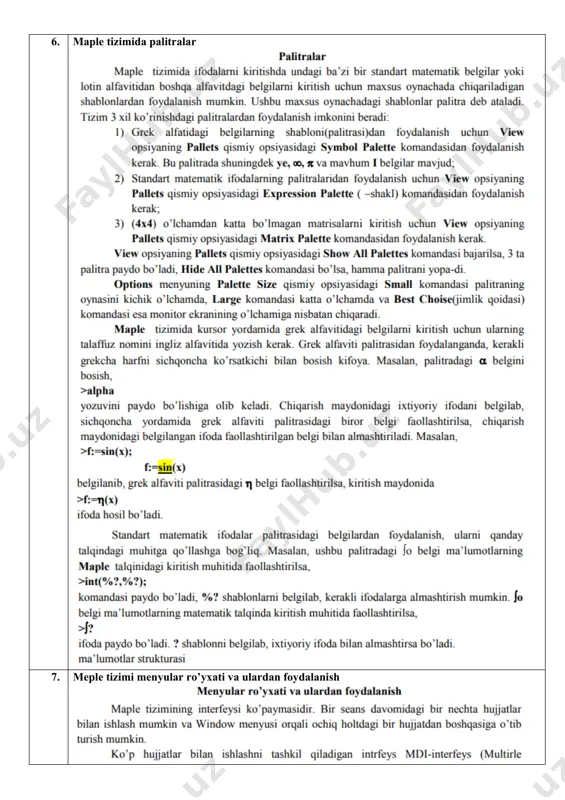y izohlang 103. funkksiyani tekshiring grafigini chizish jarayonini bajaring va nazariy izohlang 104. tenglamalar sistemaini yeching va tekshiring va nazariy izohlang 105. maple tizimida ifodani soddalashtiring va nazariy izohlang 106. maple tizimida ifodaning qavslarini oching va nazariy izohlang 107. maple tizimida ifodani ko’paytuvchilarga ajrating va nazariy izohlang 108. maple tizimida ln(x)+ln(y) ifodani birlashtiring va nazariy izohlang 109. maple tizimida ifodaning o’xshash hadlarini ixchamlang va nazariy izohlang 110. tengsizlikni yeching (solve ,isolve, rsolve,msolve, yechimni tekshirish): 3x2-7x+4>0 va nazariy izohlang 111. maple tizimida tenglamani yeching va nazariy izohlang 112. maple tizimida s=2, d=1.4 da quyidagi ifodani qiymatini hisoblang: va nazariy izohlang 113. maple tizimida a=2; b=4; c=5;x=6; d=7 qiymatlarda ifodani hisoblang va nazariy izohlang 114. maple tizimida ifodani qavslarini oching va nazariy izohlang 115. maple tizimida ko’phadning kata va kichik koeffisentlarini aniqlang va nazariy izohlang 116. maple tizimida ko’phadning yuqori va quyi darajalarini aniqlang va nazariy izohlang 117. maple tizimida ko’phadni ko’paytuvchilarga …