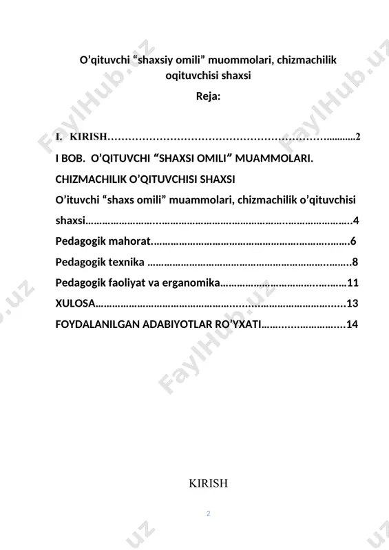 lova shaklida keltirdik. darslikni yaratishda so‘ngi yillarda rus tilida chop qilingan adabiyotlardan keng foydalanildi. bunda asosiy e’tibor umumta’lim maktablari va kasb-hunar kollejlaridagi grafika (chizmachilik) ta’lim jarayonini zamonaviy talablar darajasida tashkil qilishga qaratildi. darslik ikki bobdan iborat bo'lib, birinchi bob muhandislik grafikasini o’qitish metodikasining umumiy masalalariga bag‘ishlangan. ushbu bobda chizmachilik darslarini tashkil qilish va o‘qitishning zamonaviy metodlari, o‘qituvchining darsga tayyorlanishi va sinf doskasida chizmachilik asboblari bilan ishlash metodikasi, chizmachilik kabinetini jihozlash, chizmachilikdan o‘qitish vositalari va ko‘rgazmali qolianmalar hamda ularni tayyorlashga taalluqli metodik tavsiyalar keltirildi. darslikning ikkinchi bobida chizmachilikning asosiy mavzularini o ‘rgatish metodikasiga tegishli ma’lumotlar berilgan. chizmachilikning asosiy mavzularini o‘rgatishda fan o‘qituvchisi nimalarga e’tibor berishi zarurligini tahlil qilish bilan birgalikda hozirgi kunda nashr qilinayotgan darslik va qo‘llanmalarda ham yo‘l qo‘yilayotgan kamchiliklar ko’rsatilib, kutubxonasi ulami oldini olish bo‘yicha tavsiyalar berildi. shuning uchun ham ushbu darslik «muhandislik grafikasi va tasviriy san’at» bakalavriat yo'nalishi talabalari bilan bir qatorda umumta'lim maktablari va kasb-hunar kollejlarining grafika …