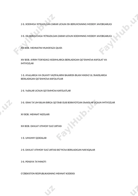 ehnat haqidagi kelishuvlar va shartnomalarning shartlari, agar qonunda boshqa holat ko‘rsatilmagan bo‘lsa, bir taraflama o‘zgartirilishi mumkin emas. mehnat to‘g‘risidagi qonunlar va boshqa normativ hujjatlar bilan tartibga solinmagan masalalar mehnat to‘g‘risidagi shartnoma taraflarining kelishuvi asosida, o‘zaro kelishilmagan taqdirda esa, — mehnat nizolarini ko‘rib chiqish uchun belgilangan tartibda hal qilinadi. lexuz sharhi qarang: mazkur kodeksning 89, 95-moddalari, 156-moddasining 2-qismi, xv bobi, o‘zbekiston respublikasining fuqarolik protsessual kodeksi ii bo‘limining 2-kichik bo‘limi (“da’vo ishini yuritish”). 5-modda. mehnat haqidagi kelishuvlar va shartnomalar shartlarining haqiqiy emasligi mehnat haqidagi kelishuvlar va shartnomalarning xodimlar ahvolini mehnat to‘g‘risidagi qonunlar va boshqa normativ hujjatlarda nazarda tutilganiga qaraganda yomonlashtiradigan shartlari haqiqiy emas. lexuz sharhi qarang: o‘zbekiston respublikasi vazirlar mahkamasining 1997-yil 11-martdagi 133-sonli qarori bilan tasdiqlangan “yozma holdagi mehnat shartnomasi (kontrakt) tuzish yuzasidan tavsiyalari”ning vi bo‘limi (“mehnat shartnomasi (kontrakt) shartlarining haqiqiy emasligi”). 6-modda. mehnatga oid munosabatlarda kamsitishning taqiqlanishi barcha fuqarolar mehnat huquqlariga ega bo‘lish va ulardan foydalanishda teng imkoniyatlarga egadir. jinsi, yoshi, …