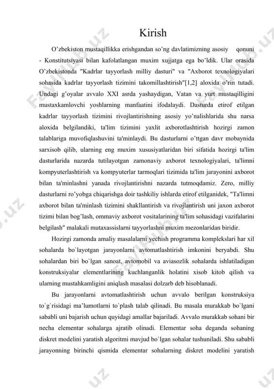 ni ta'minlaydi. bu dasturlarni o’ttgan davr mobaynida sarxisob qilib, ularning eng muxim xususiyatlaridan biri sifatida hozirgi ta'lim dasturlarida nazarda tutilayotgan zamonaviy axborot texnologiyalari, ta'limni kompyuterlashtirish va kompyuterlar tarmoqlari tizimida ta'lim jarayonini axborot bilan ta'minlashni yanada rivojlantirishni nazarda tutmoqdamiz. zero, milliy dasturlarni ro’yobga chiqarishga doir tashkiliy ishlarda etirof etilganidek, "ta'limni axborot bilan ta'minlash tizimini shakllantirish va rivojlantirish uni jaxon axborot tizimi bilan bog’lash, ommaviy axborot vositalarining ta'lim sohasidagi vazifalarini belgilash" malakali mutaxassislarni tayyorlashni muxim mezonlaridan biridir. hozirgi zamonda amaliy masalalarni yechish programma komplekslari har xil sohalarda bo`layotgan jarayonlarni avtomatlashtirish imkonini beryabdi. shu sohalardan biri bo`lgan sanoat, avtomobil va aviasozlik sohalarda ishlatiladigan konstruksiyalar elementlarining kuchlanganlik holatini xisob kitob qilish va ularning mustahkamligini aniqlash masalasi dolzarb deb hisoblanadi. bu jarayonlarni avtomatlashtirish uchun avvalo berilgan konstruksiya to`g`risidagi ma’lumotlarni to`plash talab qilinadi. bu masala murakkab bo`lgani sababli uni bajarish uchun quyidagi amallar bajariladi. avvalo murakkab sohani bir necha elementar sohalarga ajratib olinadi. elementar soha deganda …