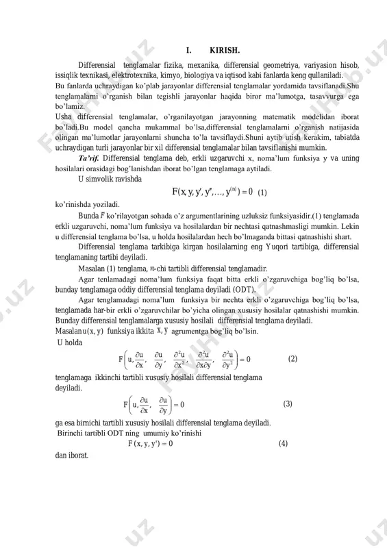 tartiblibirjinslichiziqlitenglamanio’zigaqo’shmabo’lgandifferen sialtenglamagakeltirishmumkin. 0)(')(")( 210  yxpyxpyxp (3) differensial tenglama berilgan bo’lsin. 0)(0 xp . (3) tenglamaning xar ikkala tomonini )(х ga ko’paytirganda, o’ziga qo’shma bo’lgan differensial tenglamaga aylansin, ya’ni quyidagi shart bajarilsin. 10)'( pp   bundan )(',' ' 0101 ' 00 pppppp   dx xp xp dx xp xp dx p ppd )( )( )( )(' 0 1 0 0 0 01      integrallasak 0 )( )( 0 )( )( )( 1 )( )( 1 )( )( 1 0, )( )( lnln )( )( 0 2)( )( )( )( 0 2)( )( 0 1 )( )( 0 )( )( 0 0 1 0 0 1 0 1 0 1 0 1 0 1 0 1                          ye xp xp dx …