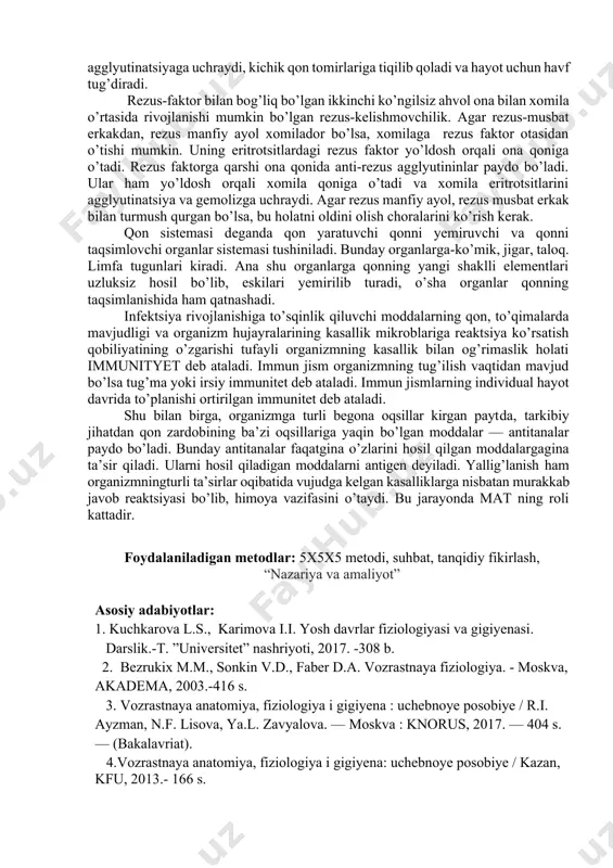 dan topishgan va rezus-faktor deb aytiladi. unga ega bo’lgan odam qoni-rezus-musbat qon, mazkur omil bo’lmagan rezus-manfiy qonga qo’yilsa, rezus manfiy odam qonida antirezus agglyutininlar hosil bo’ladi. shu rezus-manfiy odamga rezus-musbat qon ikkinchi marta qo’yilsa, rh musbat eritrotsitlar antirezus agglyutinin ta’sirida agglyutinatsiyaga uchraydi, kichik qon tomirlariga tiqilib qoladi va hayot uchun havf tug’diradi. rezus-faktor bilan bog’liq bo’lgan ikkinchi ko’ngilsiz ahvol ona bilan xomila o’rtasida rivojlanishi mumkin bo’lgan rezus-kelishmovchilik. agar rezus-musbat erkakdan, rezus manfiy ayol xomilador bo’lsa, xomilaga rezus faktor otasidan o’tishi mumkin. uning eritrotsitlardagi rezus faktor yo’ldosh orqali ona qoniga o’tadi. rezus faktorga qarshi ona qonida anti-rezus agglyutininlar paydo bo’ladi. ular ham yo’ldosh orqali xomila qoniga o’tadi va xomila eritrotsitlarini agglyutinatsiya va gemolizga uchraydi. agar rezus manfiy ayol, rezus musbat erkak bilan turmush qurgan bo’lsa, bu holatni oldini olish choralarini ko’rish kerak. qon sistemasi deganda qon yaratuvchi qonni yemiruvchi va qonni taqsimlovchi organlar sistemasi tushiniladi. bunday organlarga-ko’mik, jigar, taloq. limfa tugunlari …