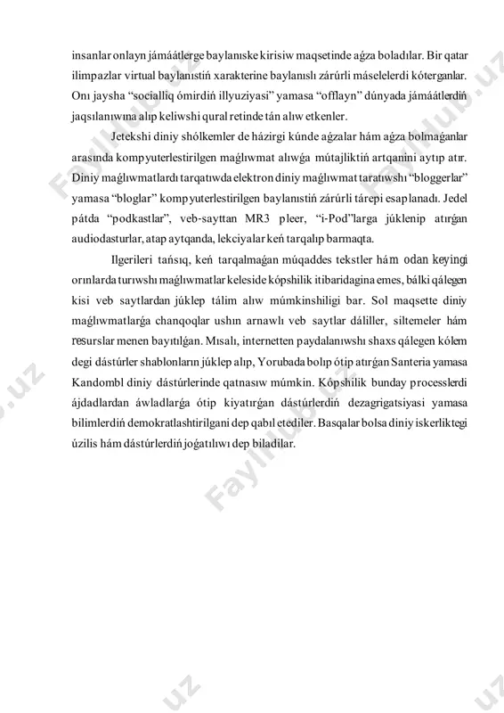 demokratlashtirilgani dep qabıl etediler. basqalar bolsa diniy iskerliktegi úzilis hám dástúrlerdiń joǵatılıwı dep biladilar. 1. kiber mákan hám kiber terrorizm kiberterrorizm (lot, cyber terrorism; cyber - “kiber”, terror - “qáweter”, “qorqınıshlı”) - zamanagóy, aldıńǵı texnologiyalar, kompyuter hám basqa múmkinshiliklerden paydalanǵan halda jawız adamlardıń óziniń g'araz niyetlerine erisiwden ibarat. kiberterrorizm (kompyuter terrorizmi) astında nápsiqaw niyette, siyasiy maqsetlerde ámelge asırılǵan kompyuter sisteması hám tarmaǵındaǵı informaciyaǵa etilgen hújim tushunilib, ol adamlar turmısı hám sawlıgına qáwip payda etip, jámiyetshilik paraxatshiliqtin buzadı, xalıqtı qorqitib, áskeriy daw keltirip shıǵarıwǵa ıntıladı. kiberterrorizm insaniyat ushın saldamlı qáwip bolıp, onı yadro, bakteriologik hám ximiyalıq quralǵa teńlestiriw múmkin. hátte ol óz jańalıǵı sebepli tolıq -to'kis úyrenip ulgurilmagan qural bolıp tabıladı. mısalı, kompyuter tarmaqları arqalı bank sistemalarına kirisiw hám ondan pul qarjların o'marish. mısal retinde kredit kartaları menen ámelge asırılıp atırǵan afera (jalataylıq ) lar hár jılı 400 million dollar átirapında zálel keltiredi. viruslardan kórilgen zálel bolsa 12 milliardtı, avtorlıq huqıqınıń …