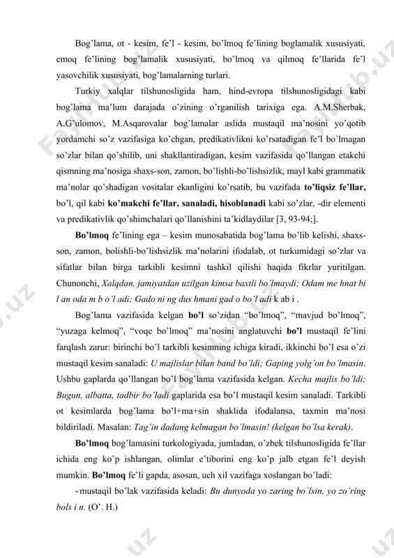 ’l+ma+sin shaklida ifodalansa, taxmin ma’nosi bildiriladi. masalan: tag’in dadang kelmagan bo’lmasin! (kelgan bo’lsa kerak). bo’lmoq bog’lamasini turkologiyada, jumladan, o’zbek tilshunosligida fe’llar ichida eng ko’p ishlangan, olimlar e’tiborini eng ko’p jalb etgan fe’l deyish mumkin. bo’lmoq fe’li gapda, asosan, uch xil vazifaga xoslangan bo’ladi: · mustaqil bo’lak vazifasida keladi: bu dunyoda yo zaring bo`lsin, yo zo’ring bols i n. (o’. h.) · so’z yasash vazifasini bajaradi: salim agronom bo’ldi; men o’qituvchi bo’ldim. v) yetakchi fe’lga qo’shilib uning yordamchi qismi (bog’lama) vazifasida keladi va so’z ning an alitik shaklini ho sil qiladi: u xatni yozib bo’ldi. shuni ham aytish kerakki, “men opang bo’laman” gapining kesimi “men o’qituvchi bo’laman” gapining kesimi bilan tashqi tomondan bir xil. biroq birinchi holatda bo’l – bog’lama vazivasini bajarmoqda, shuningdek, gapda qo’llanmasligi ham mumkin (men opangman); ikkinchi holatda esa bo’l fe’li subyekning bir holatdan ikkinchi holatga o’tishini ko’rsatadi, ya’ni so’z yasash funksiyasini bajaradi. to’liqsiz fe’llar. bu vositalar bilan …