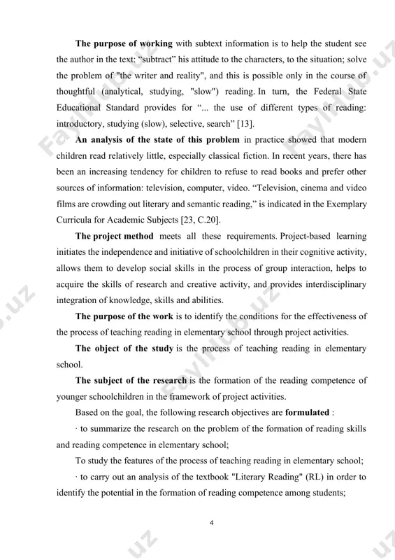 s, standards, programs, scientific domestic and foreign literature, teaching aids and educational and methodological complexes for teaching reading to younger students; · empirical methods - observation, questioning, study and generalization of pedagogical experience, modeling of the educational process in elementary school; experiential learning; project activity; · descriptive-analytical methods - qualitative and quantitative analysis of the results of experimental learning. the practical significance of the study. methodological recommendations for the organization of project activities in the process of forming the reading competence of elementary school students have been developed and substantiated. the materials of the study were introduced into the practice of the work of secondary school no. 5 in yaroslavl. scope and structure of work. the final qualifying work consists of an introduction, 2 chapters, a conclusion, conclusions, a list of references, including 43 titles. the text of the work contains 8 tables. chapter 1. reading as a type of …