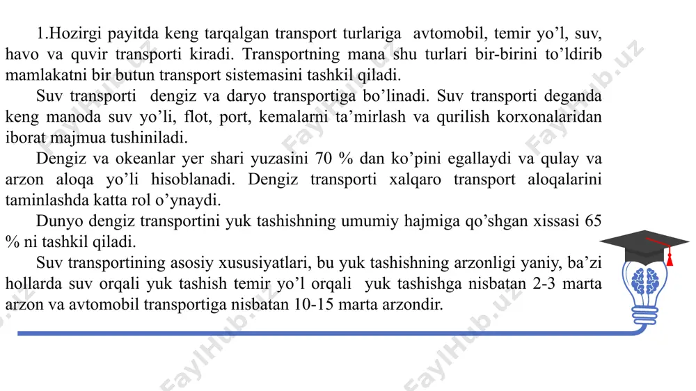 bo’ladi. 3. sun’iy suv yo’llari tabiiy xolatdagi daryolar va ularning irmoqlarida kafolatlangan kema yurish chuqurligi oqim bo’yicha yuqoriga kamayadi. yuk aylanishini shakillanishini tashkil qiluvchi yirik sanoat markazlari va iqtisodiy xududlarga daryolar yuqori qismi yoki irmoqlari to’g’ri keladi, u erlarda kema yurish chuqurligini tubni chuqurlashtirish va o’zanni to’g’rilash chegaralangan. sun’iy suv yo’llari vazifasi va xarakteri bo’yicha quyidagilarga bo’linadi: a) daryolarni shlyuzlash; b) aylanib o’tuvchi (obxodnыe) va to’g’ri (podxodnыe) kema yuruvchi kanallar v) havzalararo suv transporti tutashuvlari. daryolarni shlyuzlash deb unda qator gidrouzellar qurib kema yurish chuqurligini oshirishga, ya’ni navigatsiya davrida suv sathini ko’tarishga aytiladi. bunda sathlar farqida kemalarni o’tkazish uchun gidrouzellar tarkibida kema o’tkazuvchi inshootlar quriladi: - kema yuruvchi shlyuzlar yoki kema ko’targichlar. 10. кema yuradigan shlyuzlar shlyuzlarning turlari.кemalarni yoki kema sostavini ma’lum bir bosimda bir befdan ikkinchi befga o’tkazish uchun mo’ljallangan gidrotexnika inshooti kema yuruvchi (qatnaydigai) shlyuz deyiladi. кema yuruvchi shlyuzlar uning o’rtasiga joylashgan kamera, yuqori va quyi bosh qismdan …
